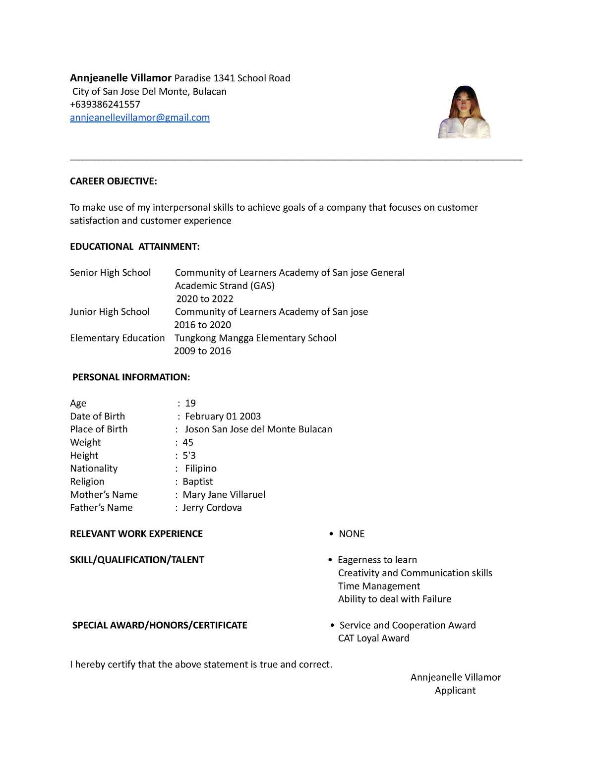 Anj Resume - hahabwbw - Annjeanelle Villamor Paradise 1341 School Road ...