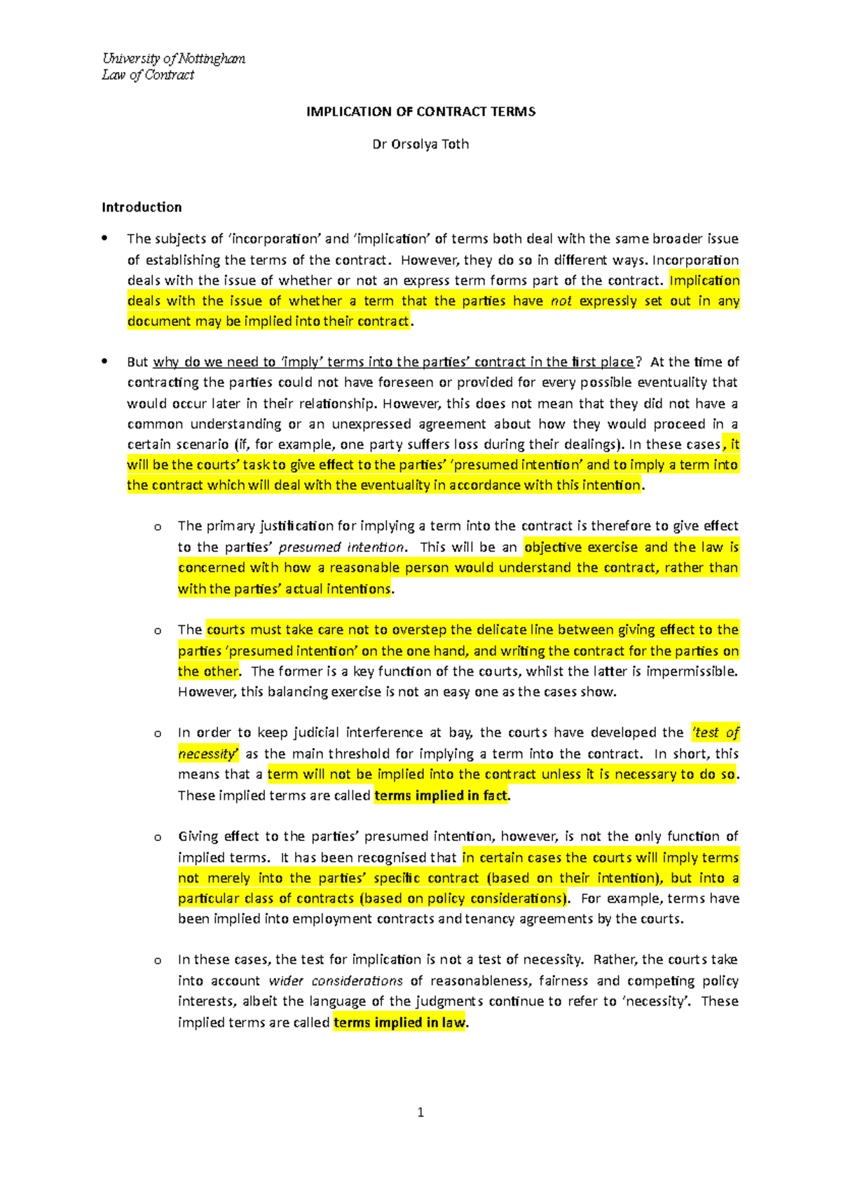 Implication Of Contract Terms Lecture Notes Law Of Contract 