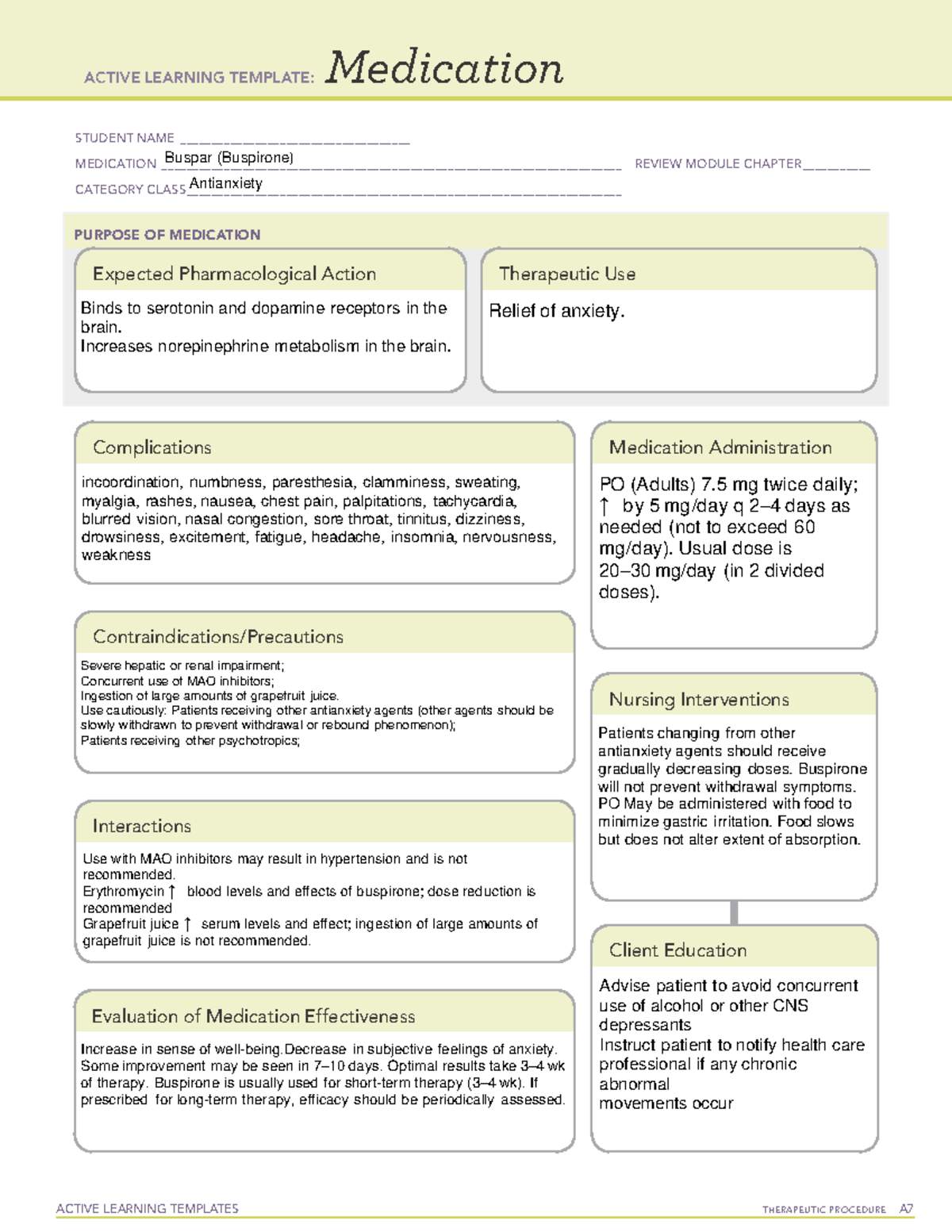 Buspar (Buspirone) - mental health - ####### ACTIVE LEARNING TEMPLATES ...