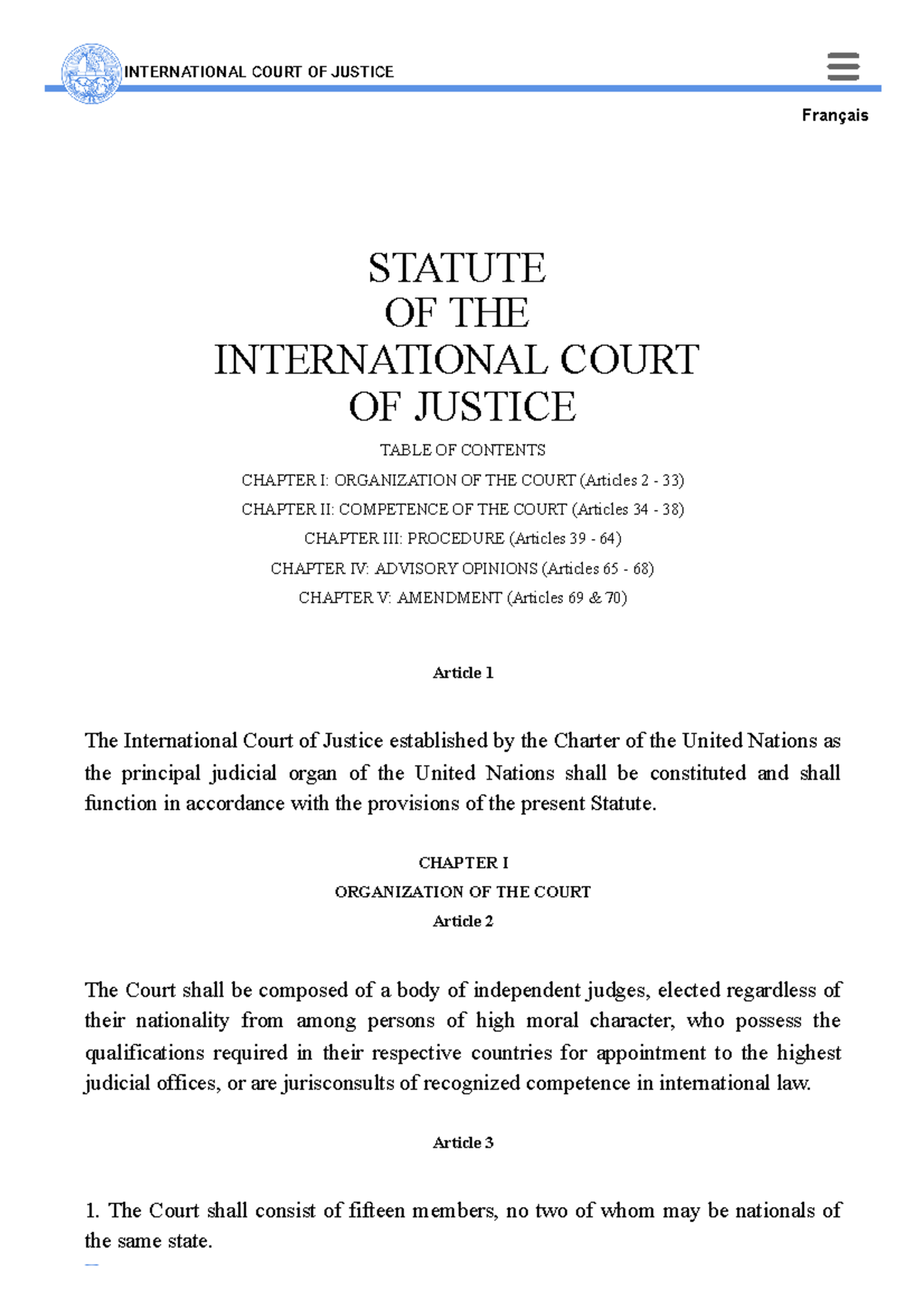 Statute of the Court International Court of Justice Français STATUTE