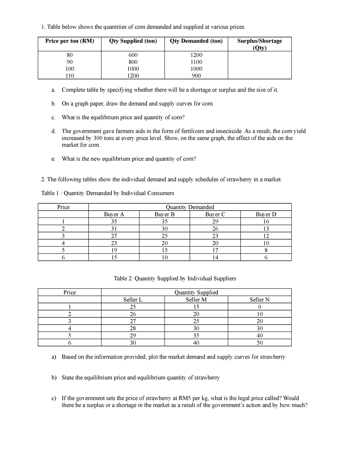 T-5-market equilibrium - ODL - Table below shows the quantities of corn ...