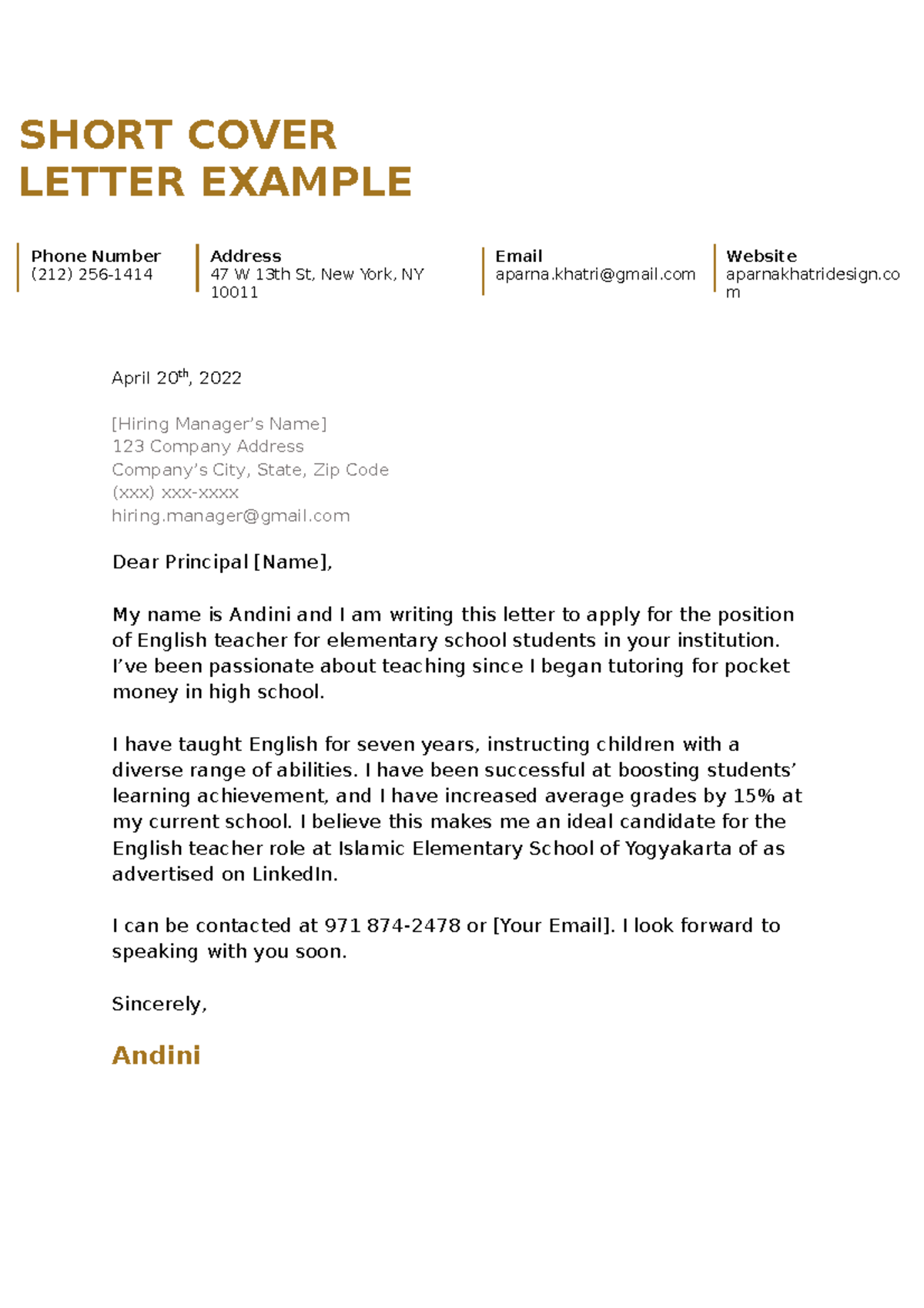 Short Cover Letter Example - SHORT COVER LETTER EXAMPLE Phone Number ...