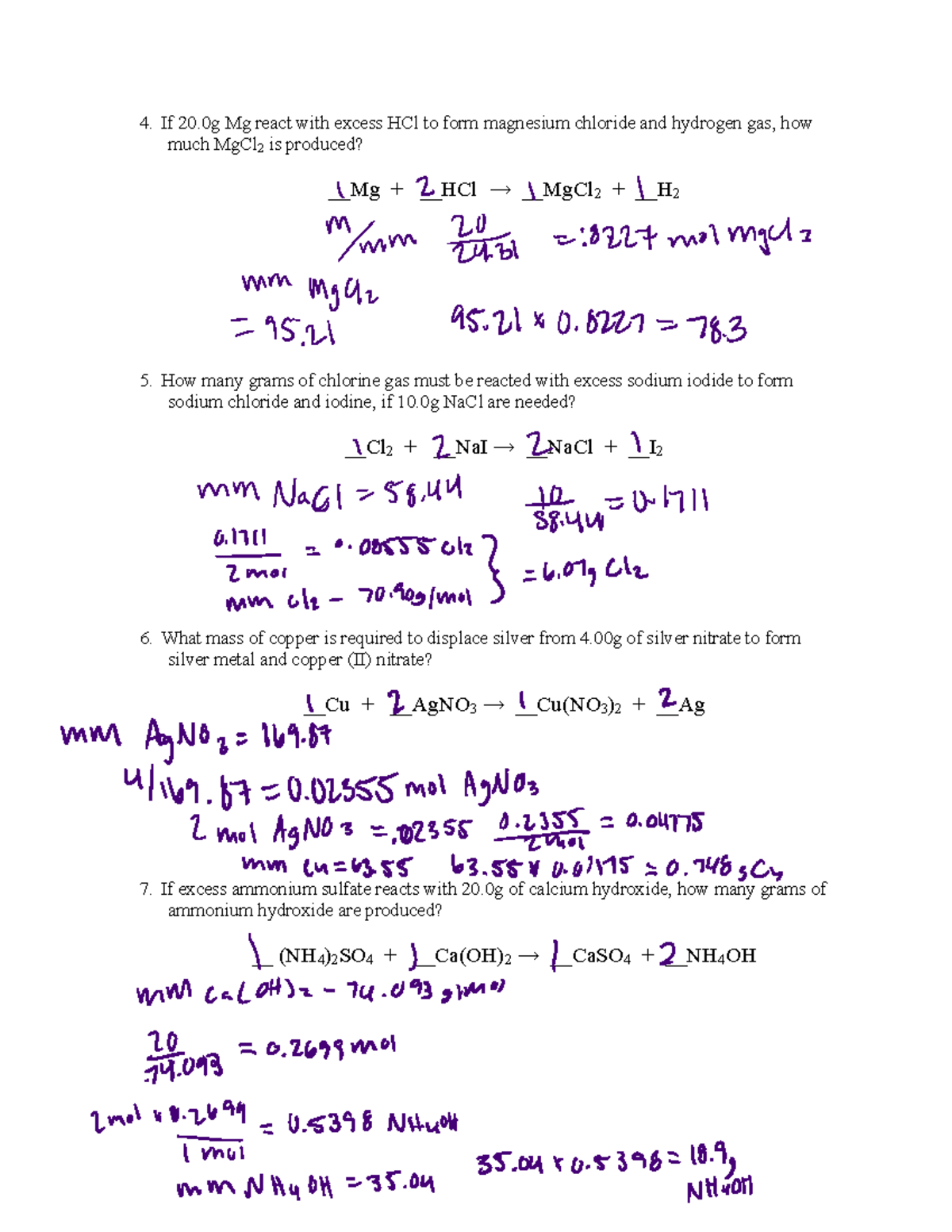 Chem Lab stoichiometry problem set 4. If 20 Mg react with excess HCl