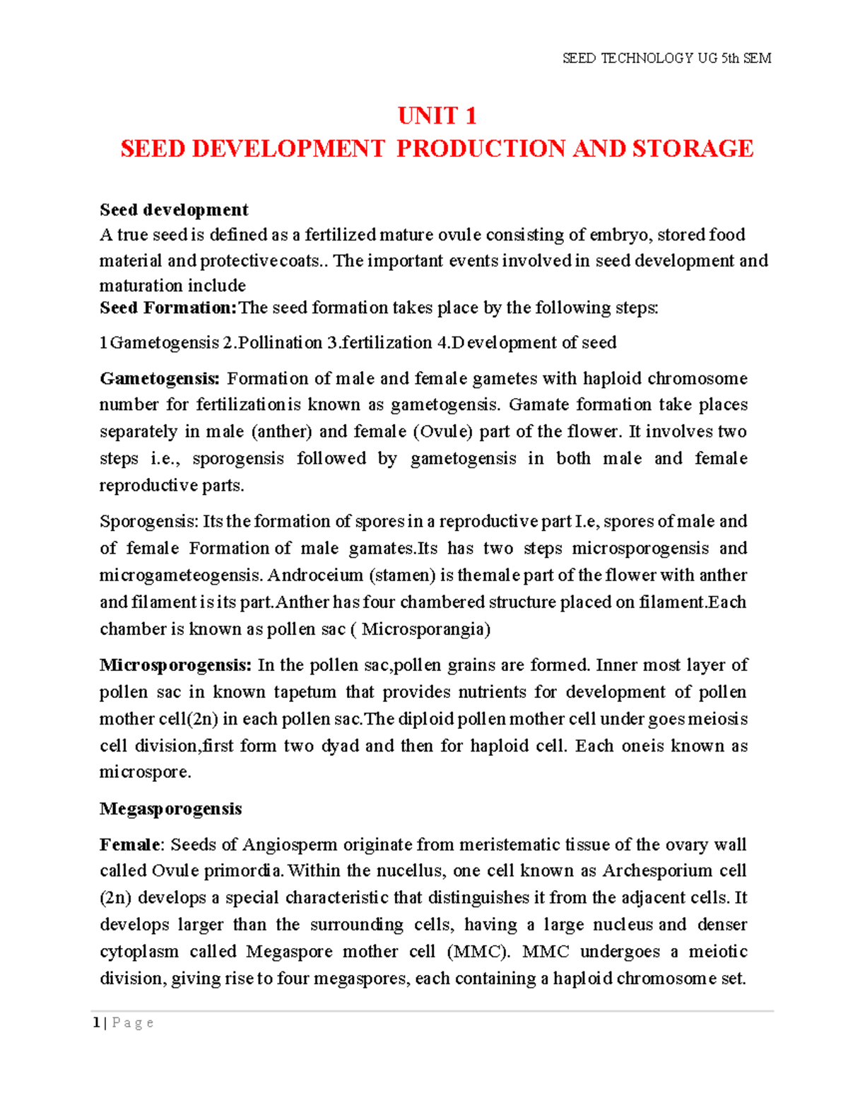 SEED Technology UG 5th SEM Part 1 - UNIT 1 SEED DEVELOPMENT PRODUCTION ...