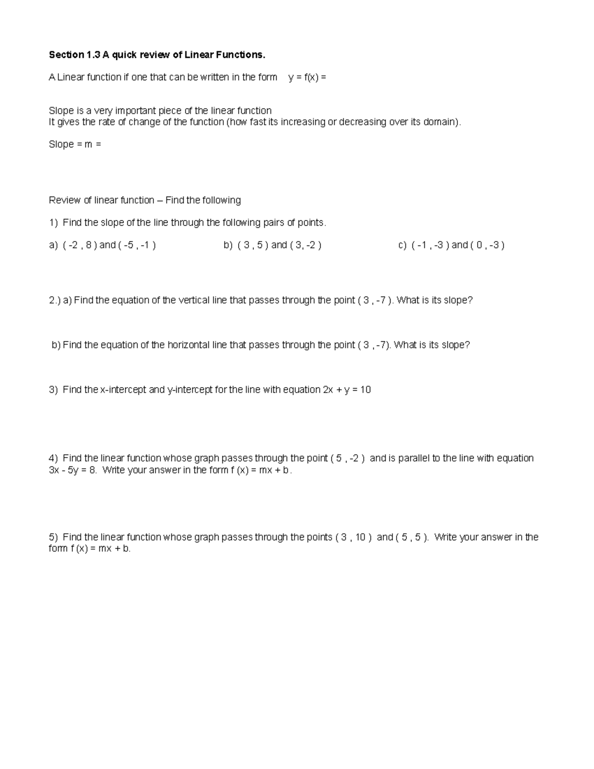 120 1.3 notes - Section 1 A quick review of Linear Functions. A Linear ...