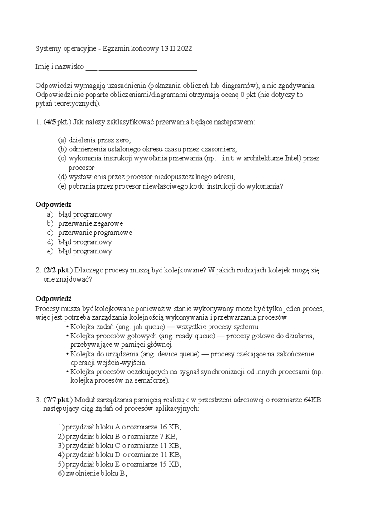 Egz Systemy Operacyjne 22 - Systemy operacyjne - Egzamin końcowy 13 II