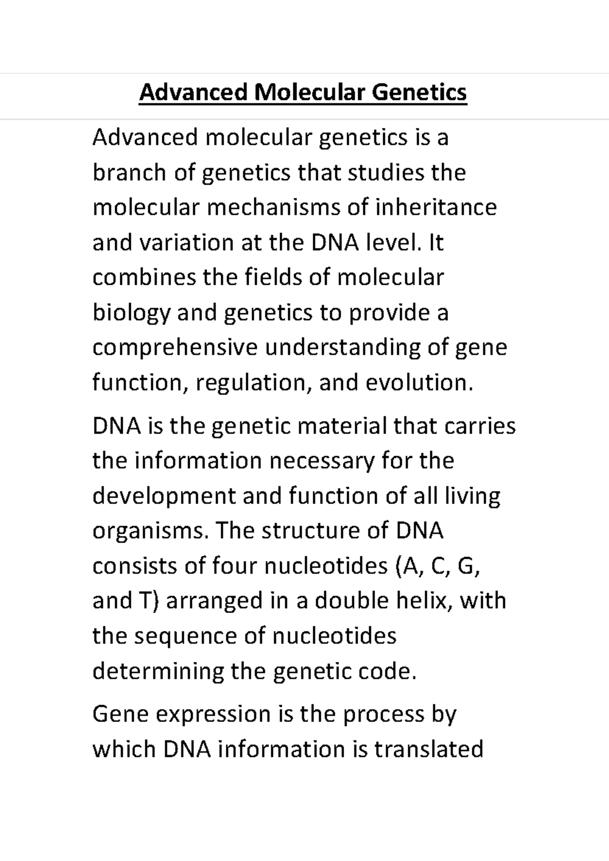 Advanced Molecular Genetics 1 - Advanced Molecular Genetics Advanced ...