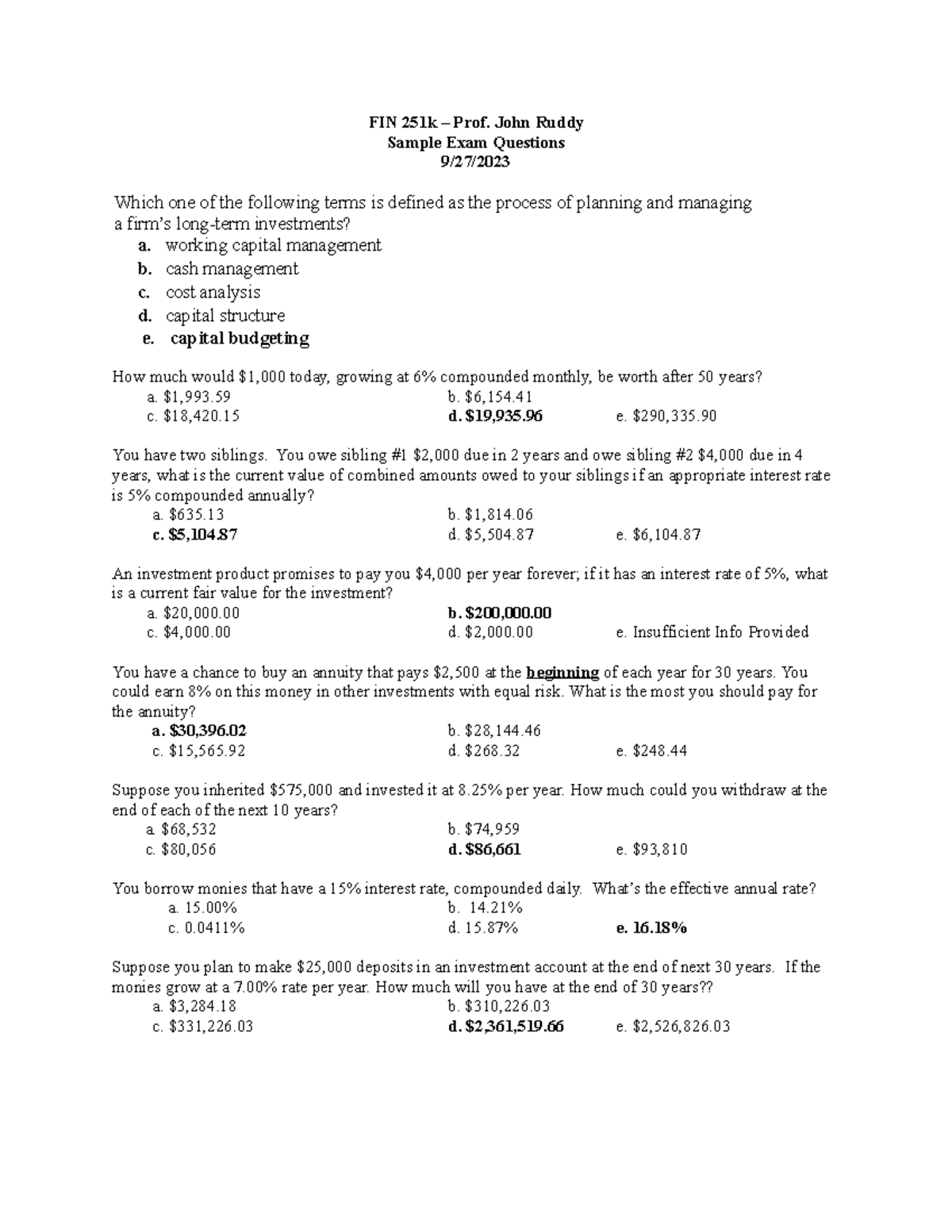 Sample Exam Questions w. answers - FIN 251k – Prof. John Ruddy Sample ...