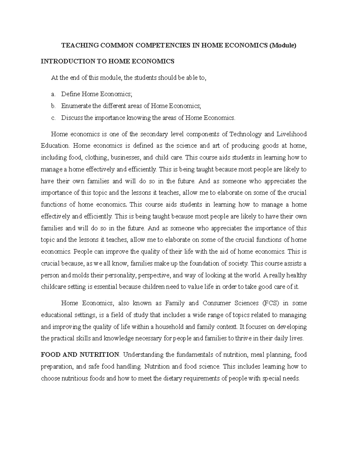 Teaching Common Competencies IN HOME Economics Module TEACHING COMMON