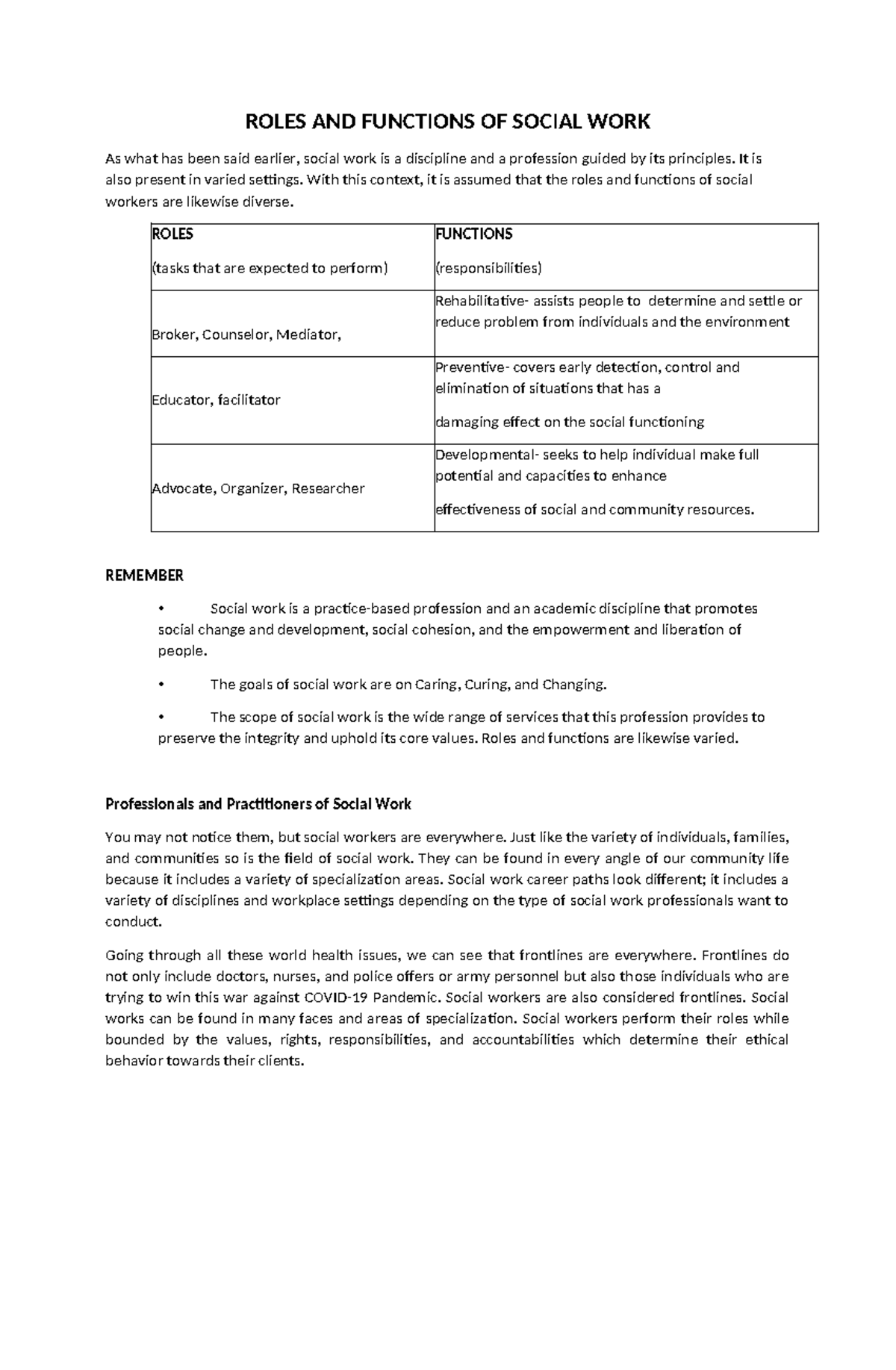 Roles AND Functions OF Social WORK - ROLES AND FUNCTIONS OF SOCIAL WORK ...