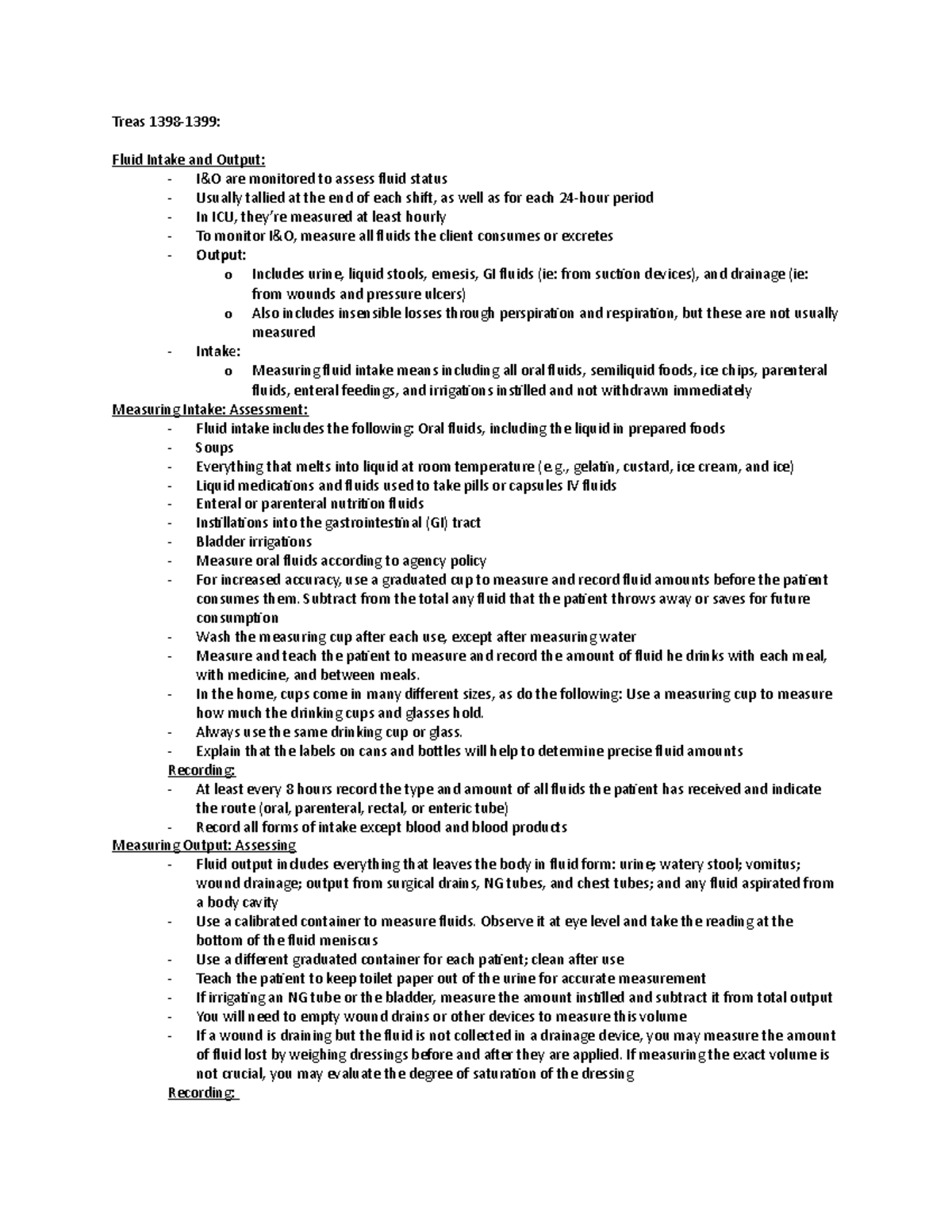 Intake and Output - Outline - Treas 1398-1399: Fluid Intake and Output ...