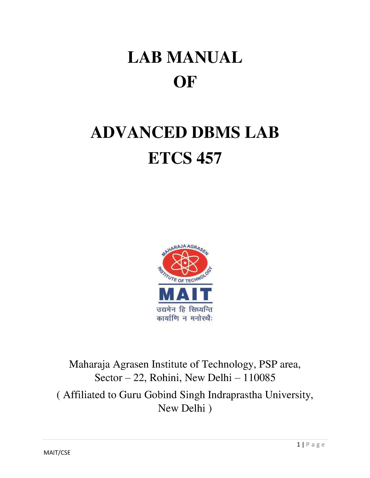 Adbms LAB Mannual - 1 | P A G E LAB MANUAL OF ADVANCED DBMS LAB ETCS ...