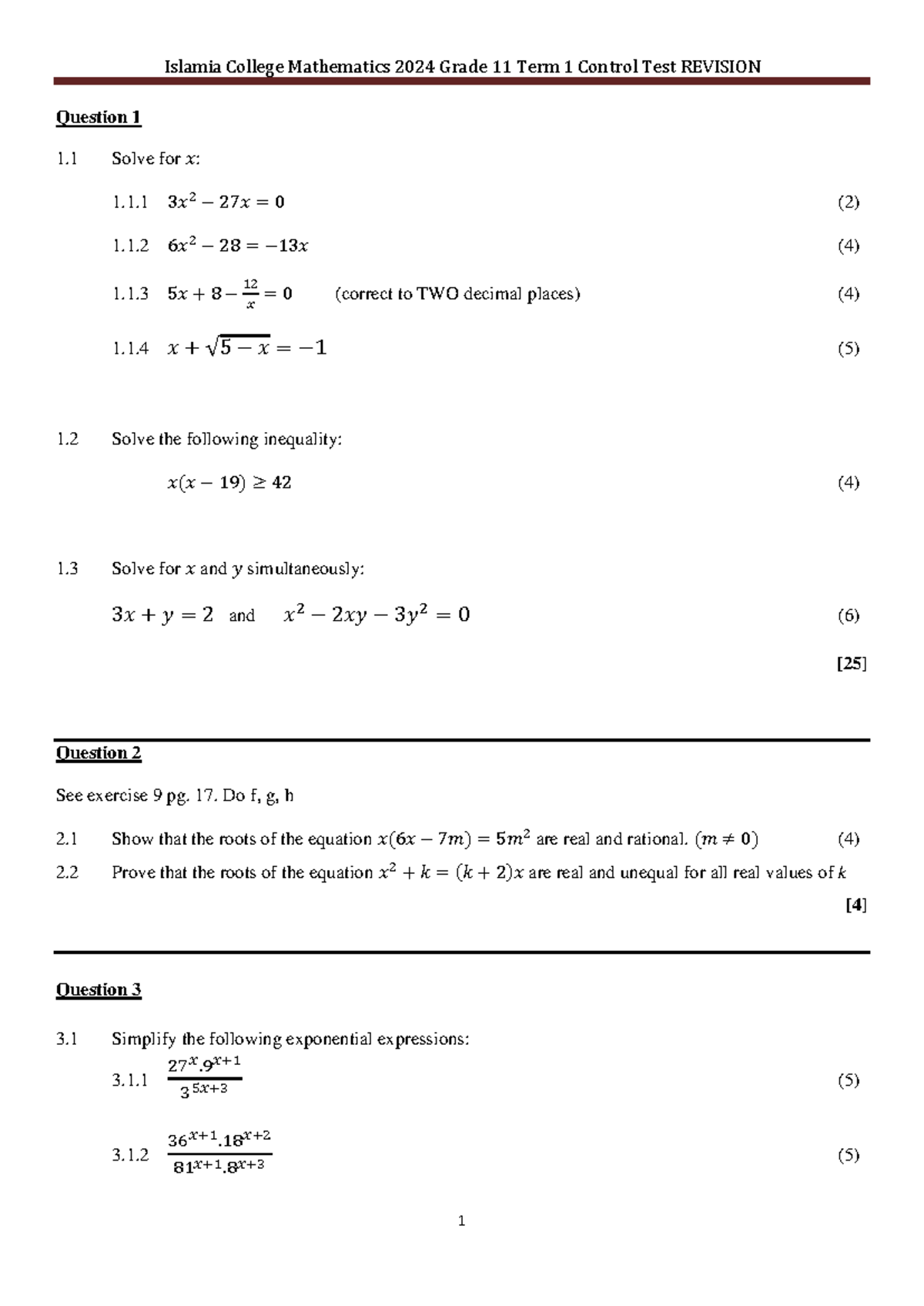 IC GR11 March CT revision - Islamia College Mathematics 20 24 Grade 11 ...