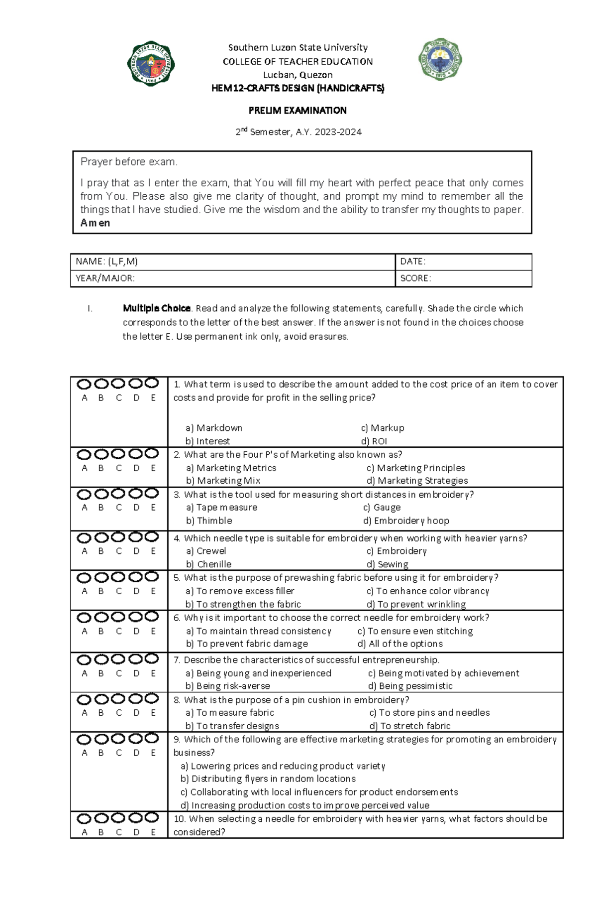 HEM12 - I. Multiple Choice. Read And Analyze The Following Statements ...