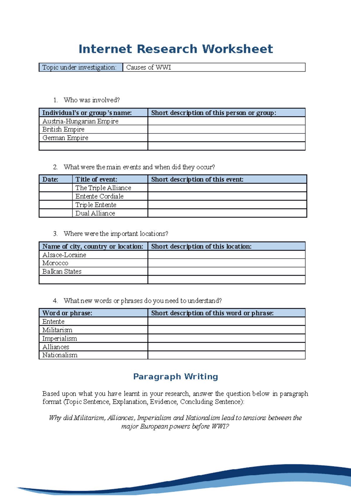 WWI Causes Research Worksheet - Internet Research Worksheet Topic under ...
