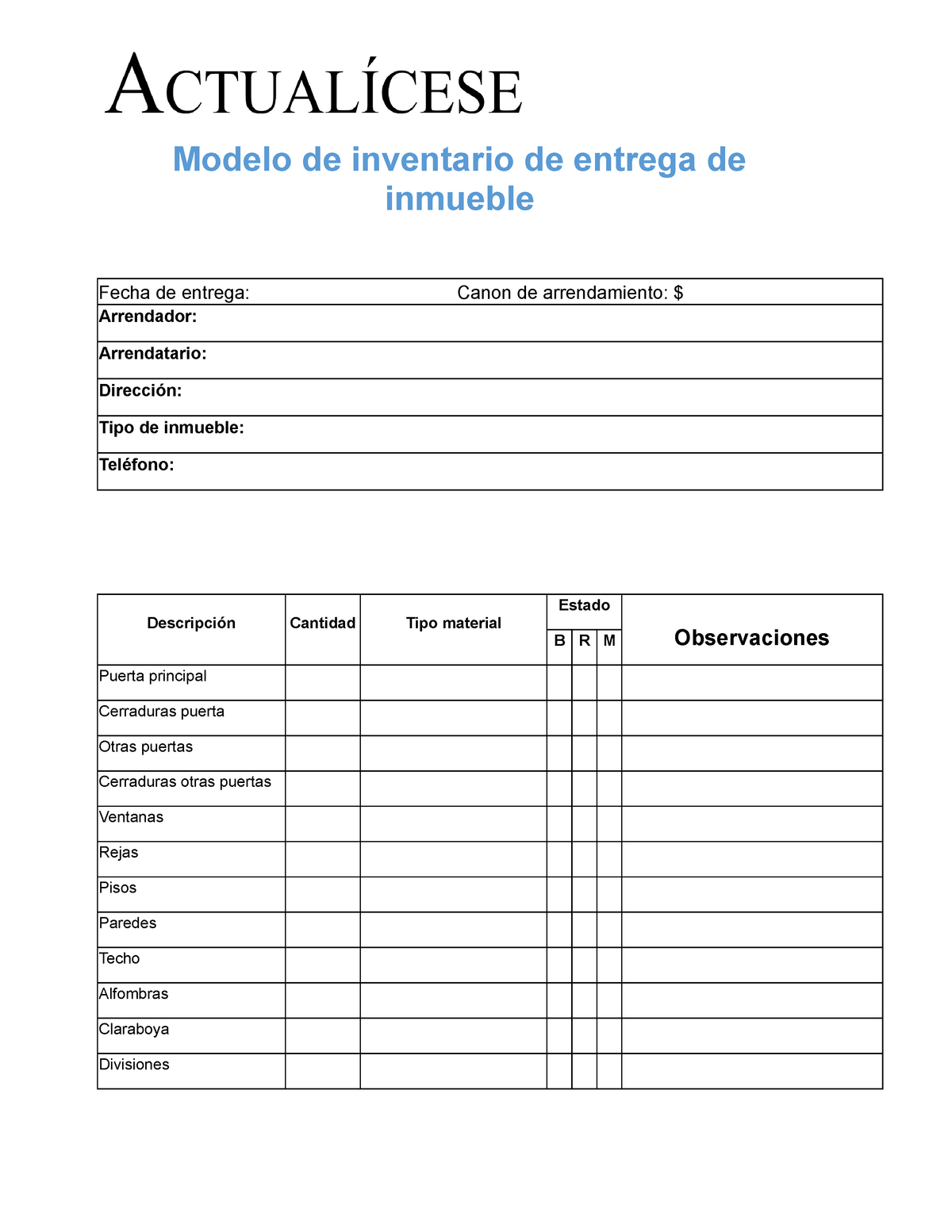 Modelo de inventario de entrega de inmueble - Modelo de inventario de  entrega de inmueble Fecha de - Studocu