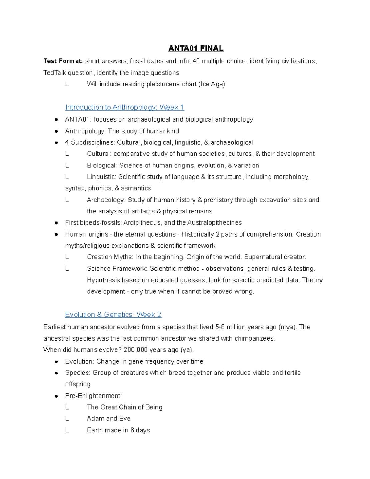 Anthro Study Sheet - ANTA01 FINAL Test Format: Short Answers, Fossil ...