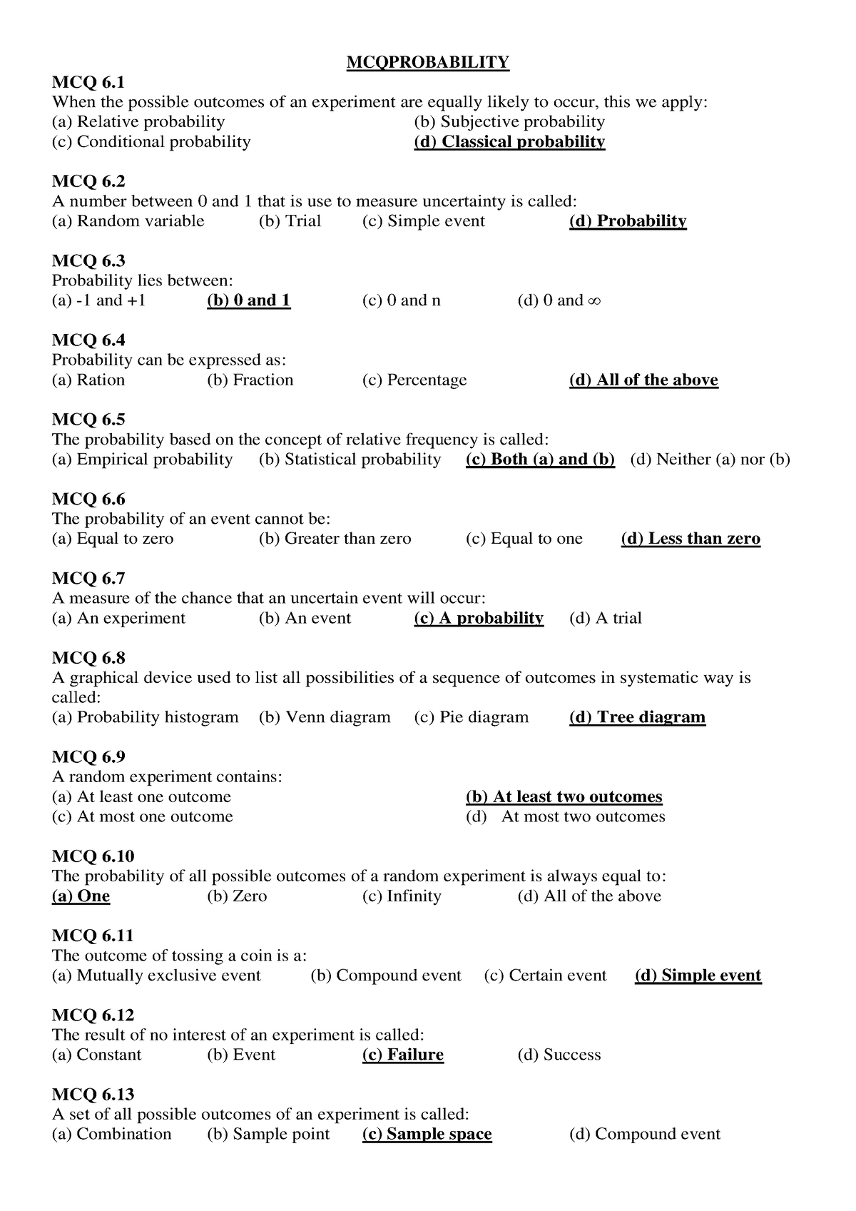 Mcq probability with correct answers - MCQPROBABILITY MCQ 6. When the ...