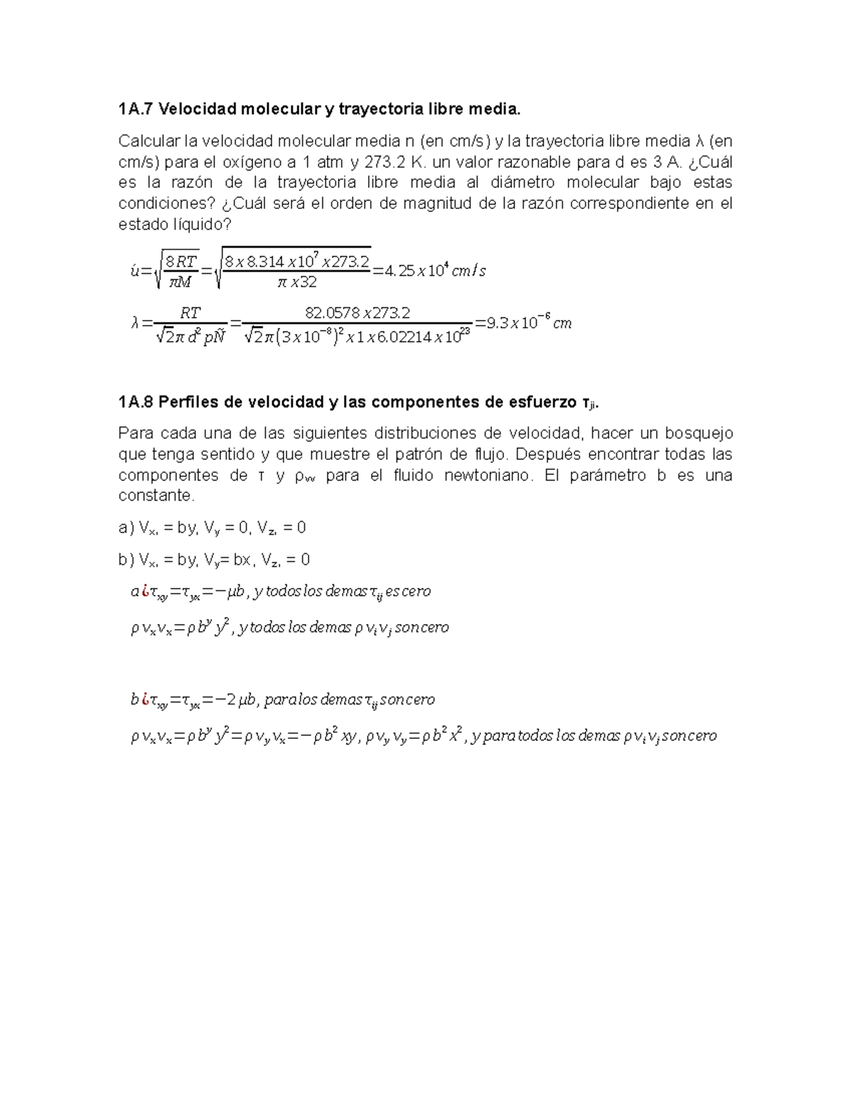 Ejercicios 1A. 7 Y 1A.8 - 1A Velocidad Molecular Y Trayectoria Libre ...