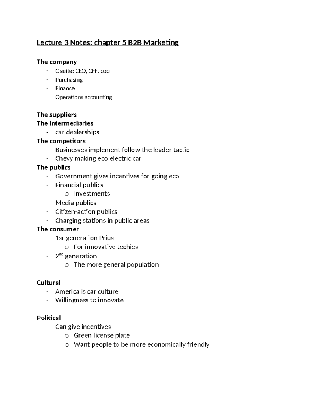 lecture 5 notes - Lecture 3 Notes: chapter 5 B2B Marketing The company ...