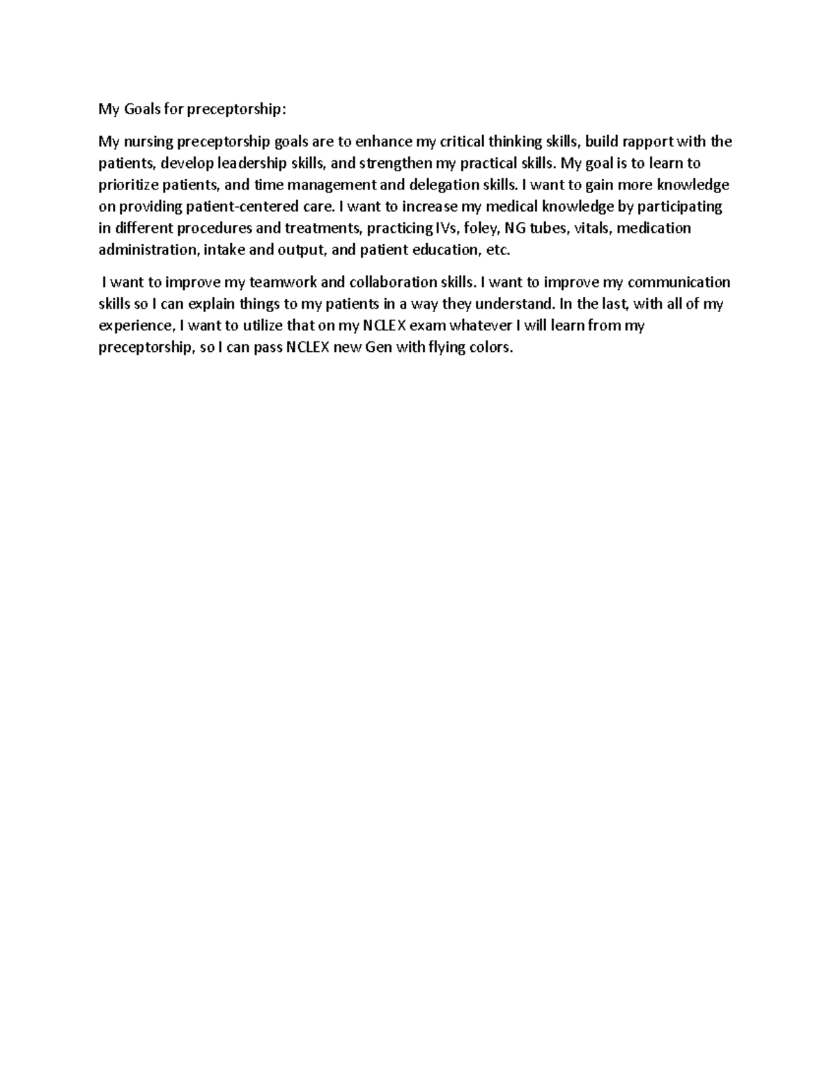 Preceptorship goals - My goal is to learn to prioritize patients, and ...