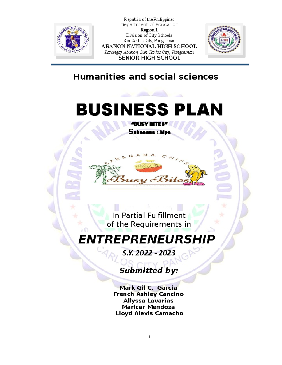 business plan entrep senior high school department