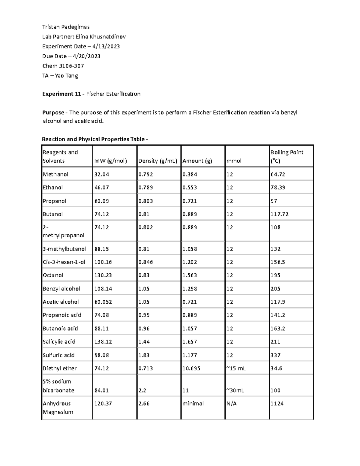 Lab Report 11 Ochem 2 Lab 11 Fischer Experiment Tristan Padegimas Lab Partner Elina Studocu Lab Report 11 Ochem 2 Lab 11 Fischer Experiment Tristan Padegimas Lab Partner Elina Studocu