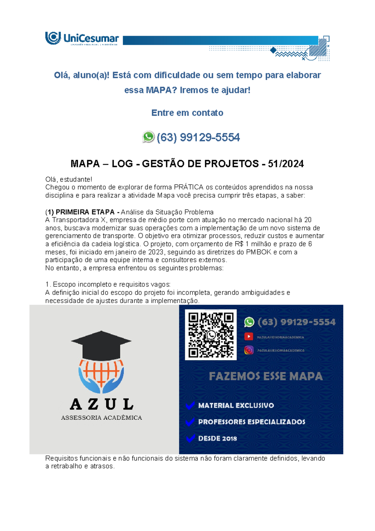 MAPA - LOG - GESTÃO DE PROJETOS - 51/2024 - Olá, aluno(a)! Está com ...