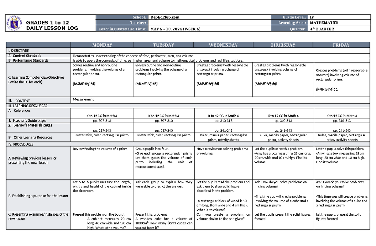 DLL Mathematics 4 Q4 W6 - GRADES 1 to 12 DAILY LESSON LOG School ...