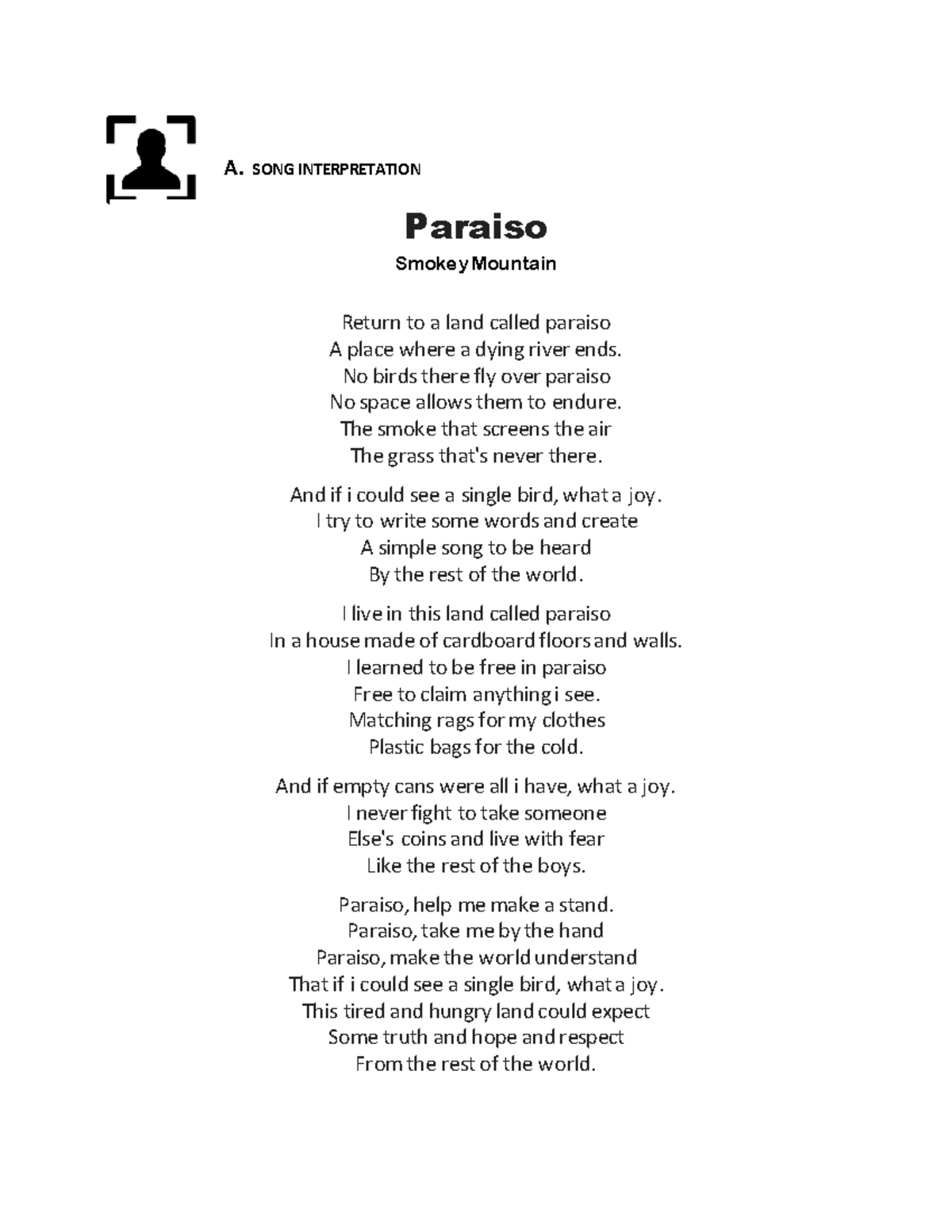 SONG Interpretation CPAR Paraiso A. SONG INTERPRETATION Paraiso