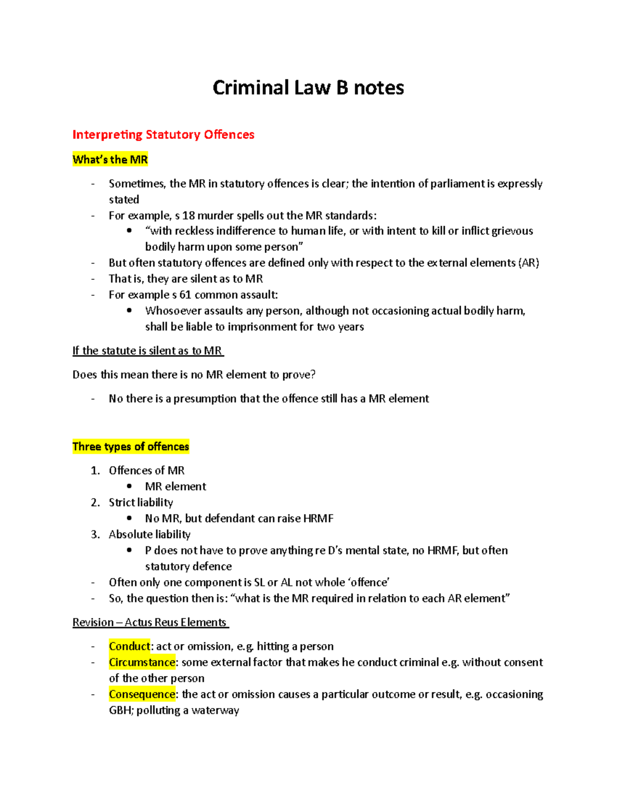 Criminal Law Study Notes - Criminal Law B Notes Interpreting Statutory ...