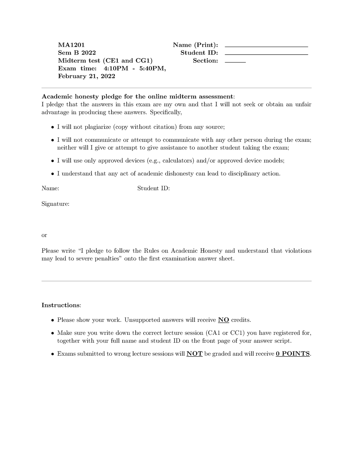 Midterm 2022 B - MA1201 Name (Print): Sem B 2022 Student ID: Midterm ...