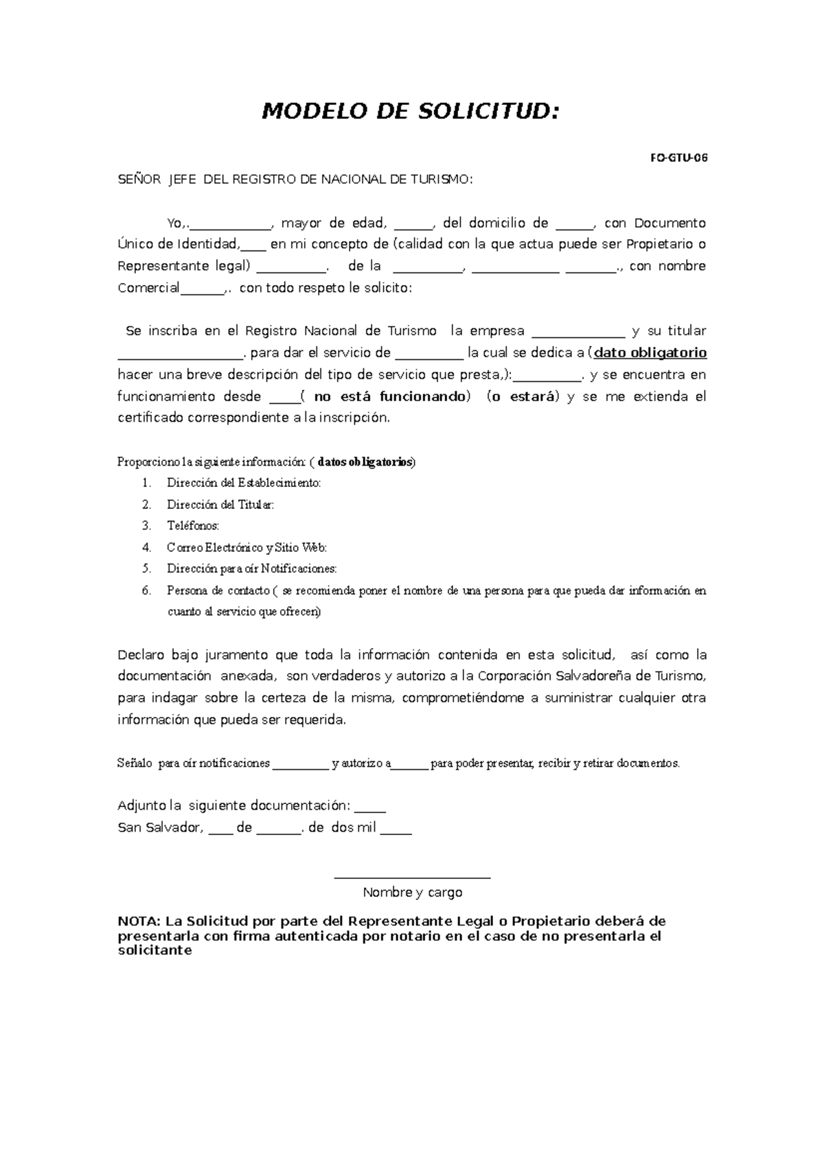 Solicitud de inscripcion RNT 2014 con codigo - MODELO DE SOLICITUD: FO ...