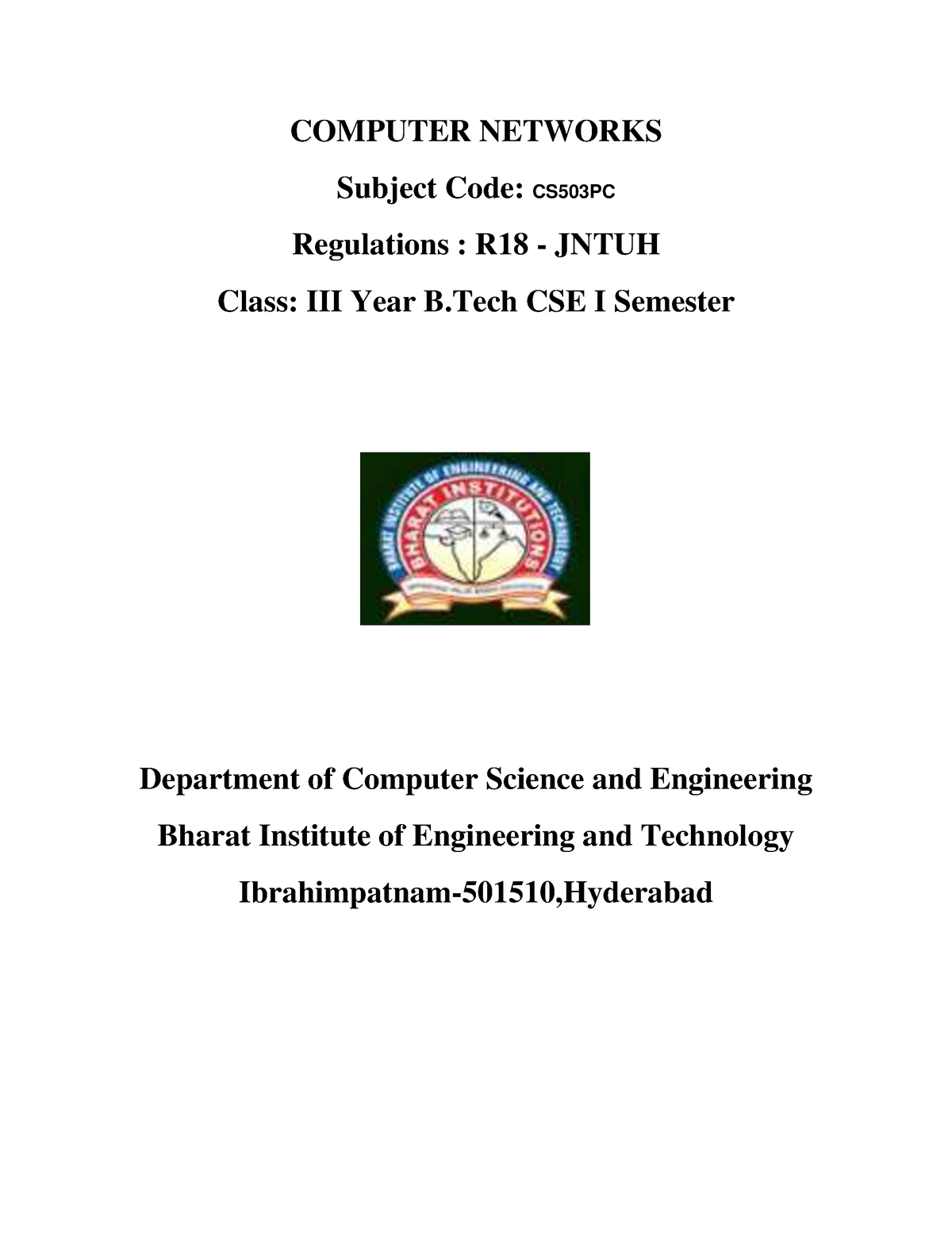 Computer Networks Course Planner 2021 - COMPUTER NETWORKS Subject Code ...