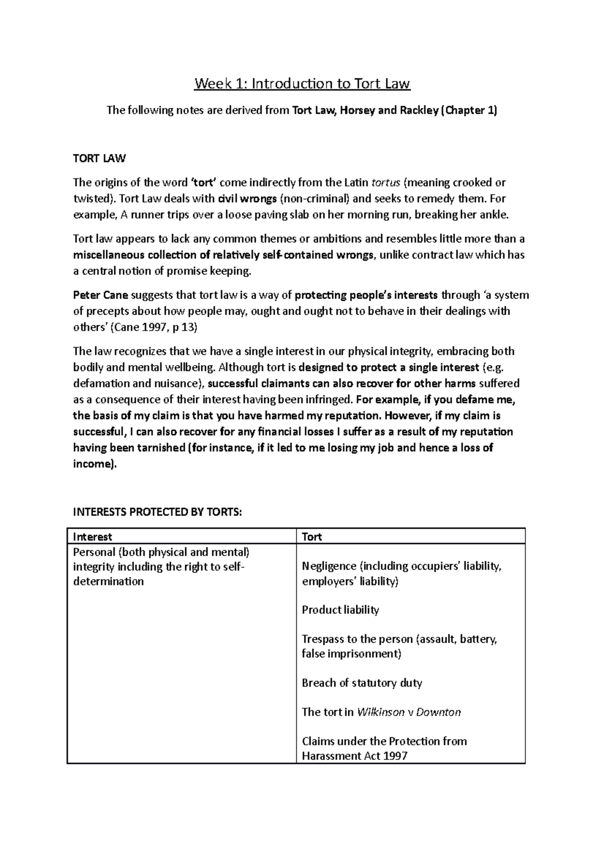 Law of Torts - C1 - The following notes are derived from Tort Law ...