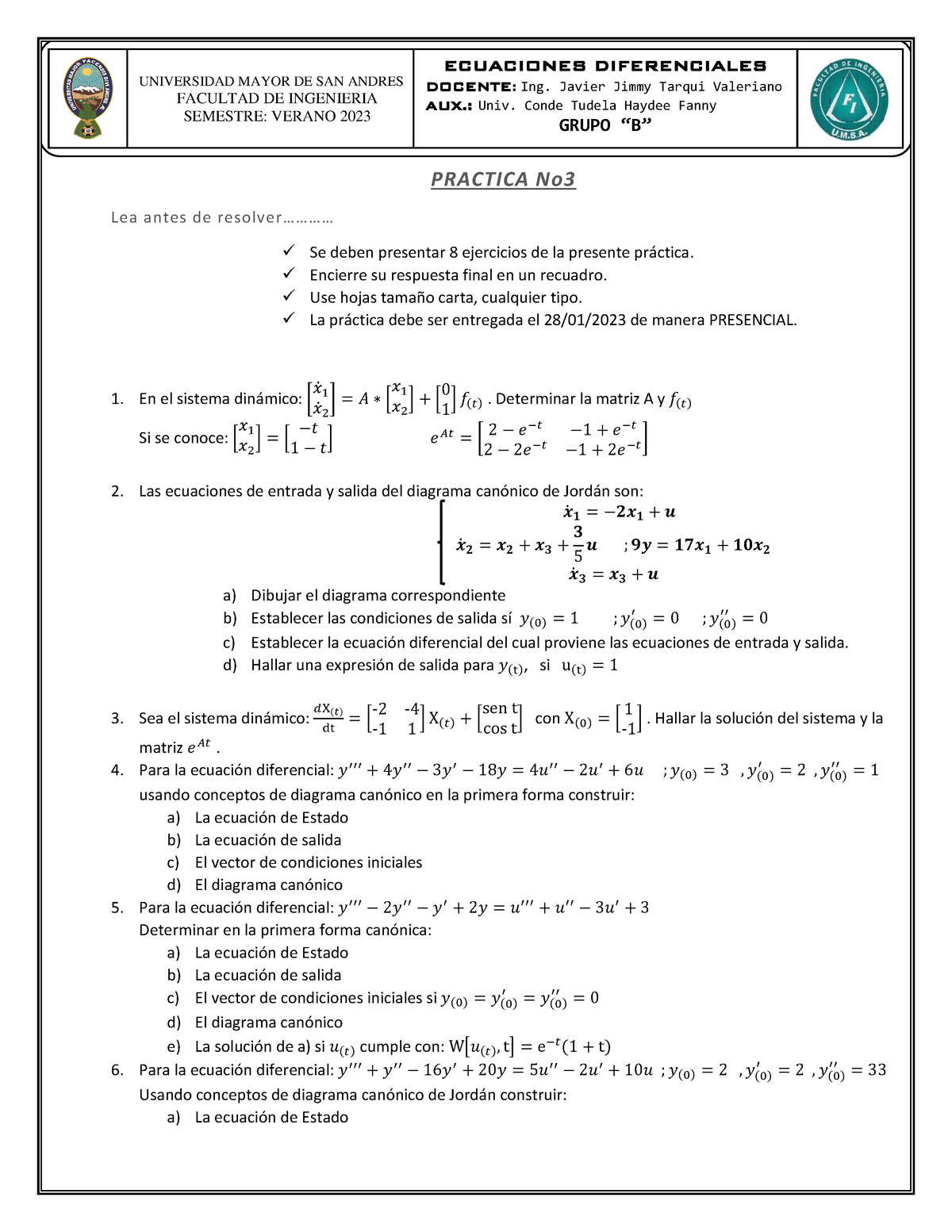 Practica No 3 Ecuaciones Diferenciales Grupo B 1 - UNIVERSIDAD MAYOR DE ...