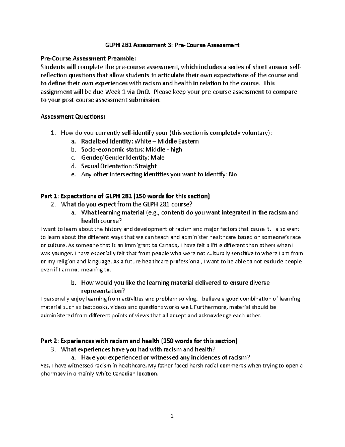 Assignment 3 - Pre course assessment - GLPH 281 Assessment 3: Pre ...