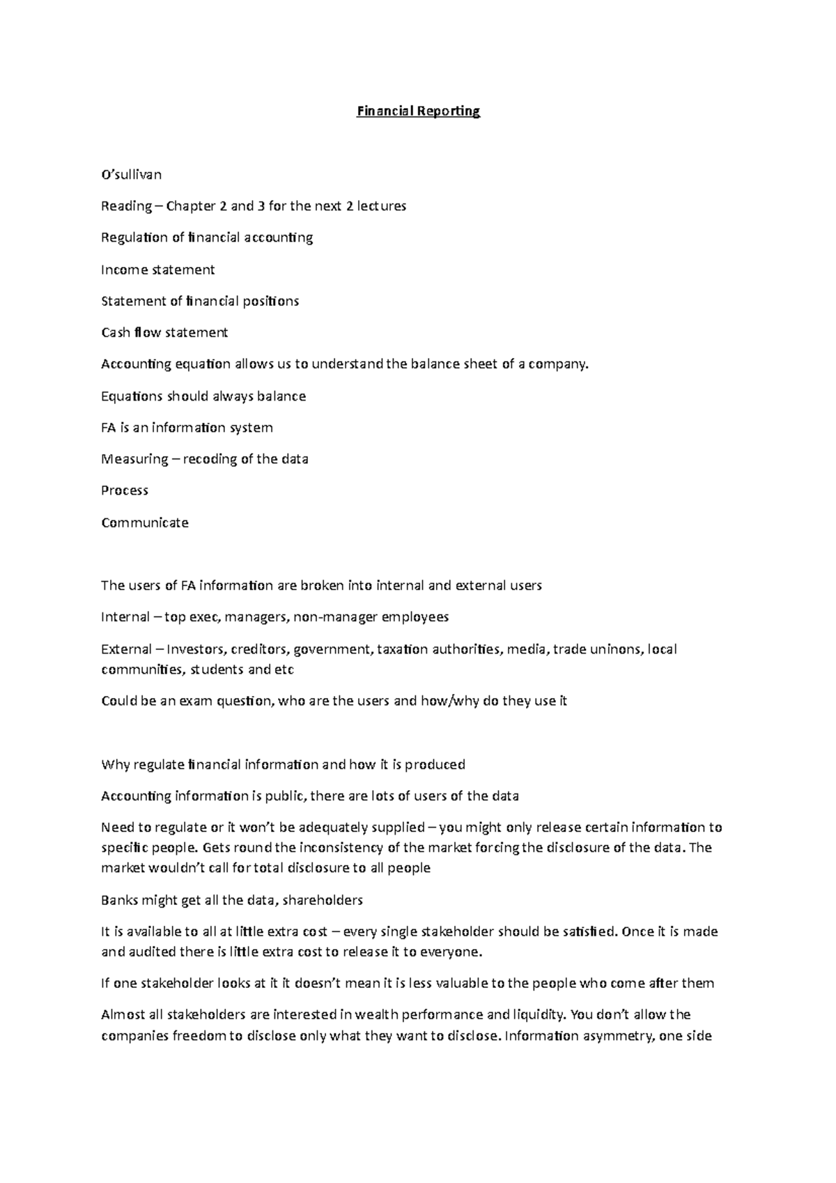 Notes on Lecture 2 - Financial Reporting O’sullivan Reading – Chapter 2 ...