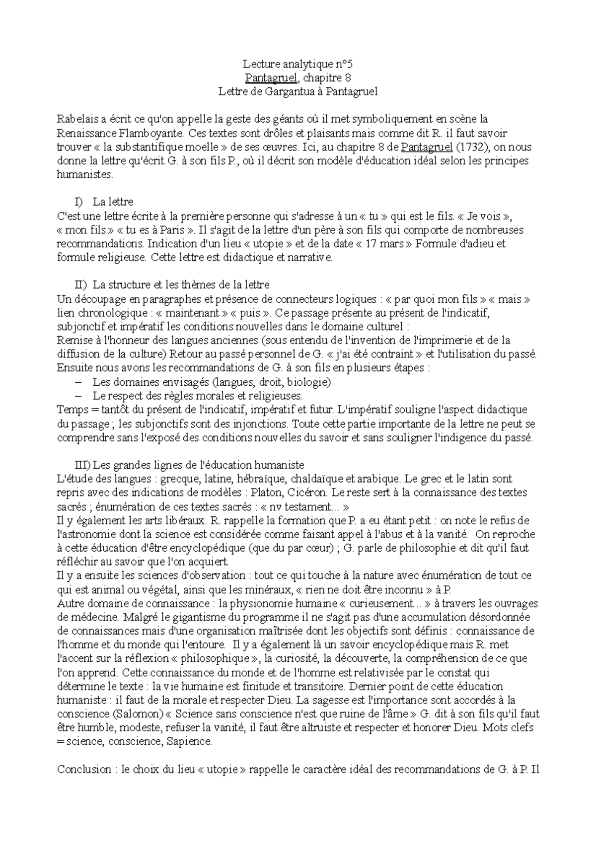 Resume Chapitre Par Chapitre Gargantua Lettre de Gargantua à Pantagruel -Rabelais_Lecture Analytique - Lecture  analytique n° Pantagruel, - Studocu