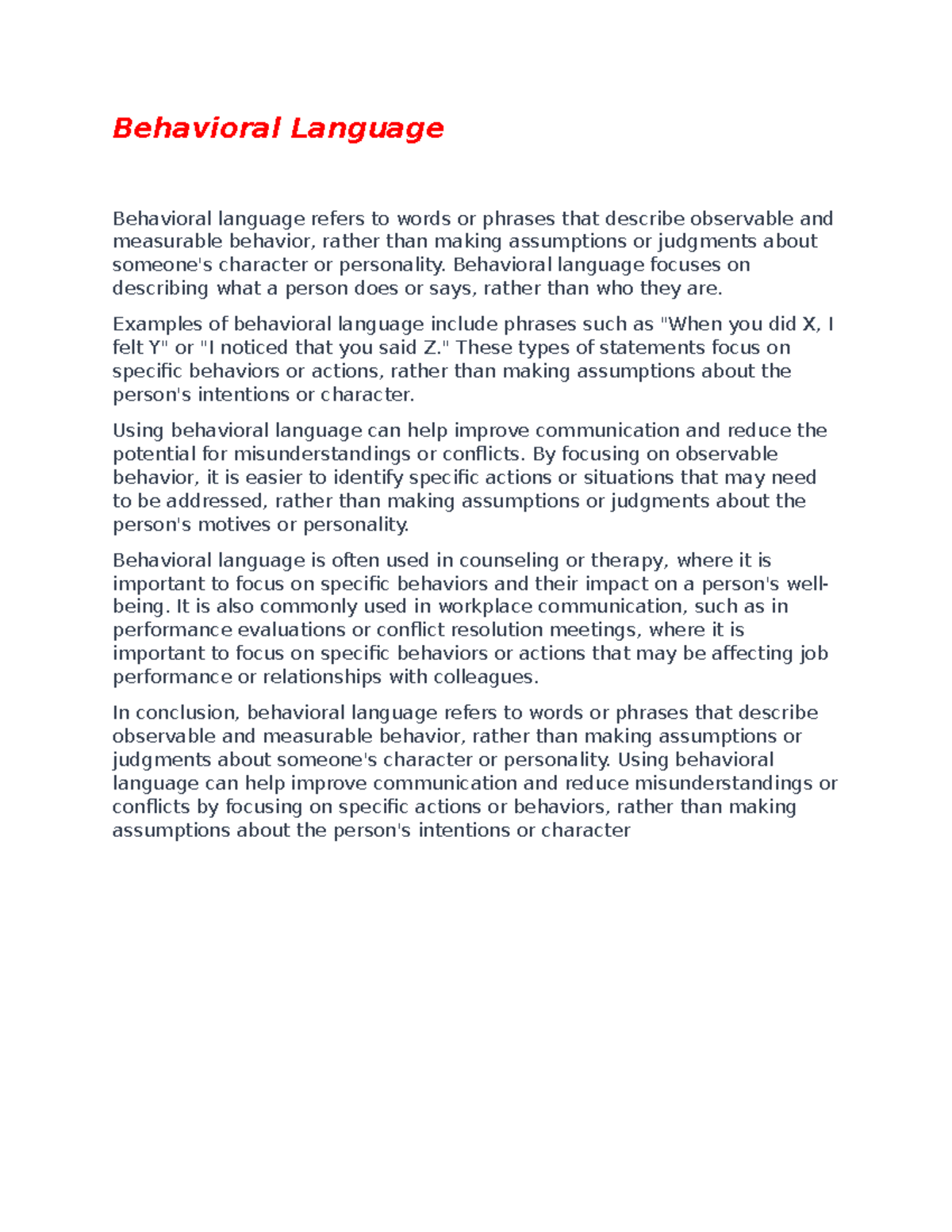 Document 77 - essay - Behavioral Language Behavioral language refers to ...