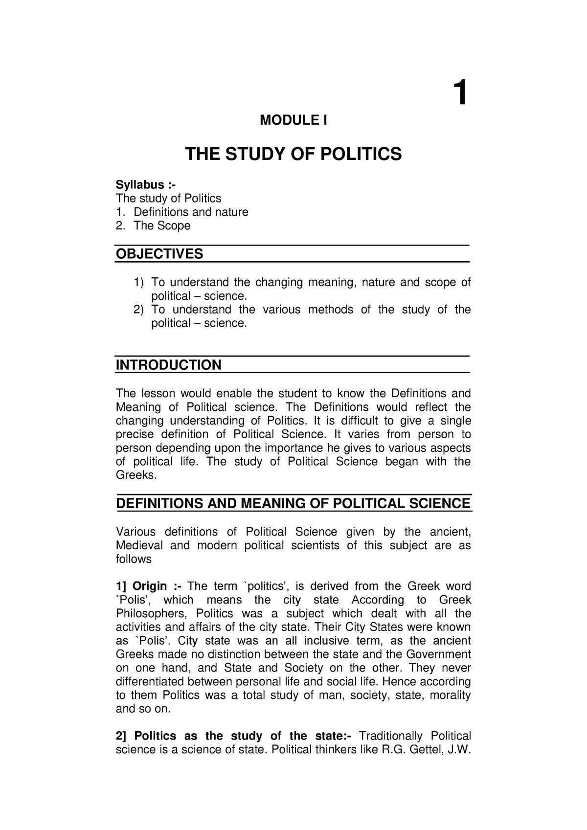 Politicals Science - I - F.Y.B.A - 1 MODULE I THE STUDY OF POLITICS ...