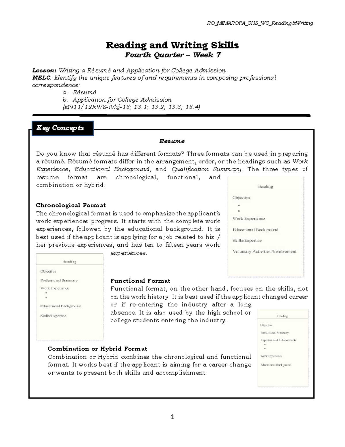 Senior High School Reading and Writing Week 7 Reading and Writing