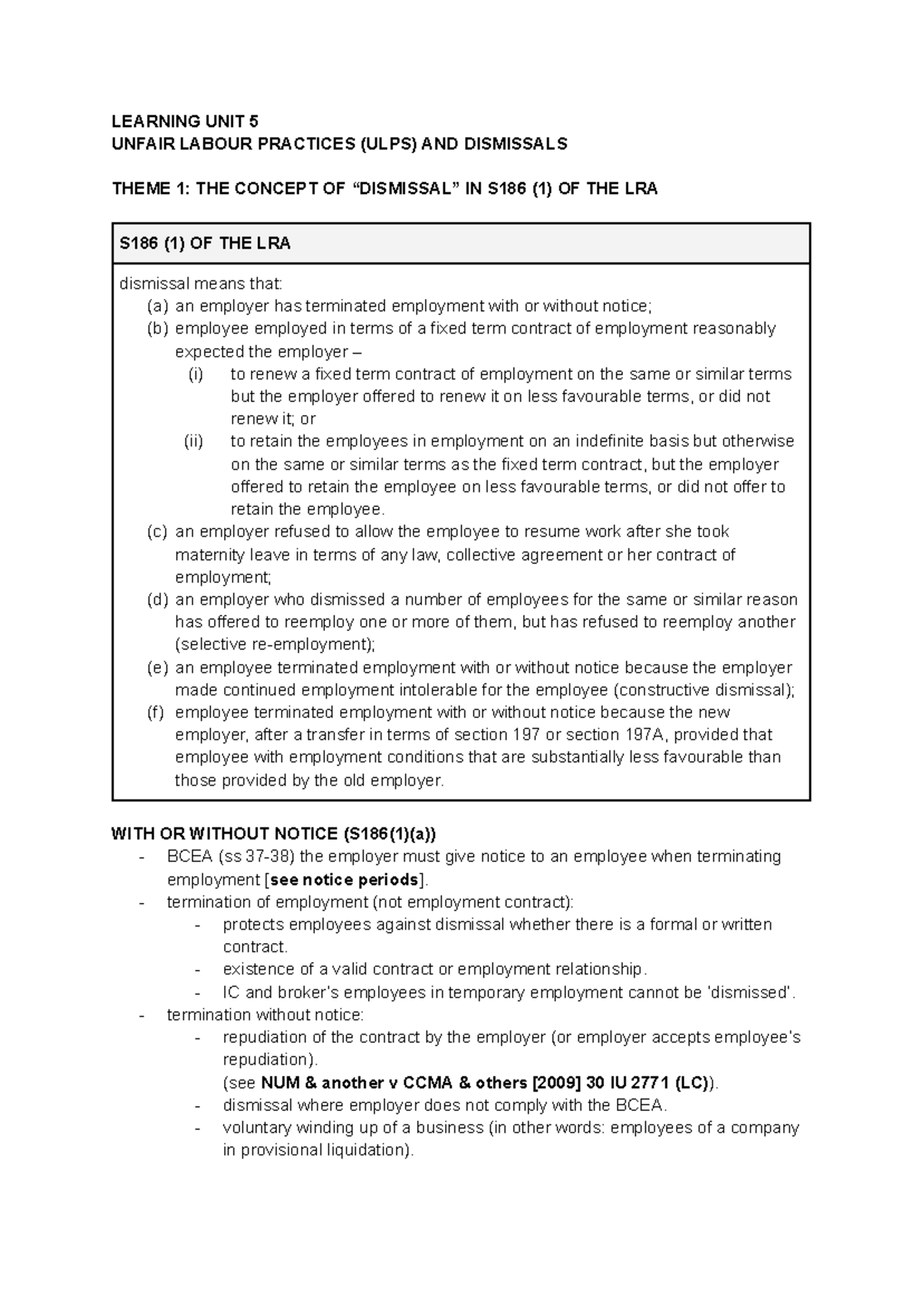 LU5 LLAW - LEARNING UNIT 5 UNFAIR LABOUR PRACTICES (ULPS) AND ...