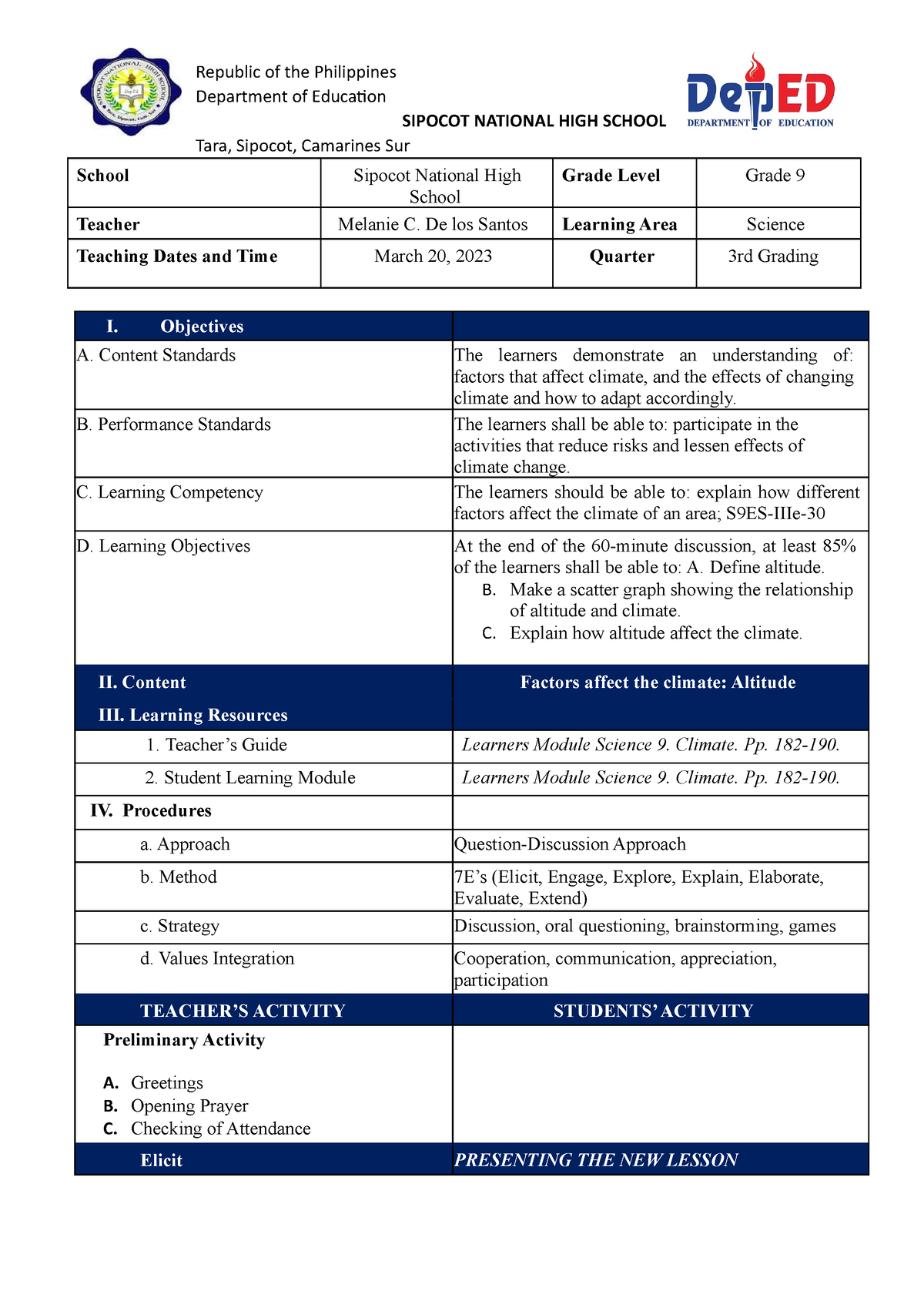 Altitude Dlp - 7Es Detailed Lesson Plan - Republic Of The Philippines ...