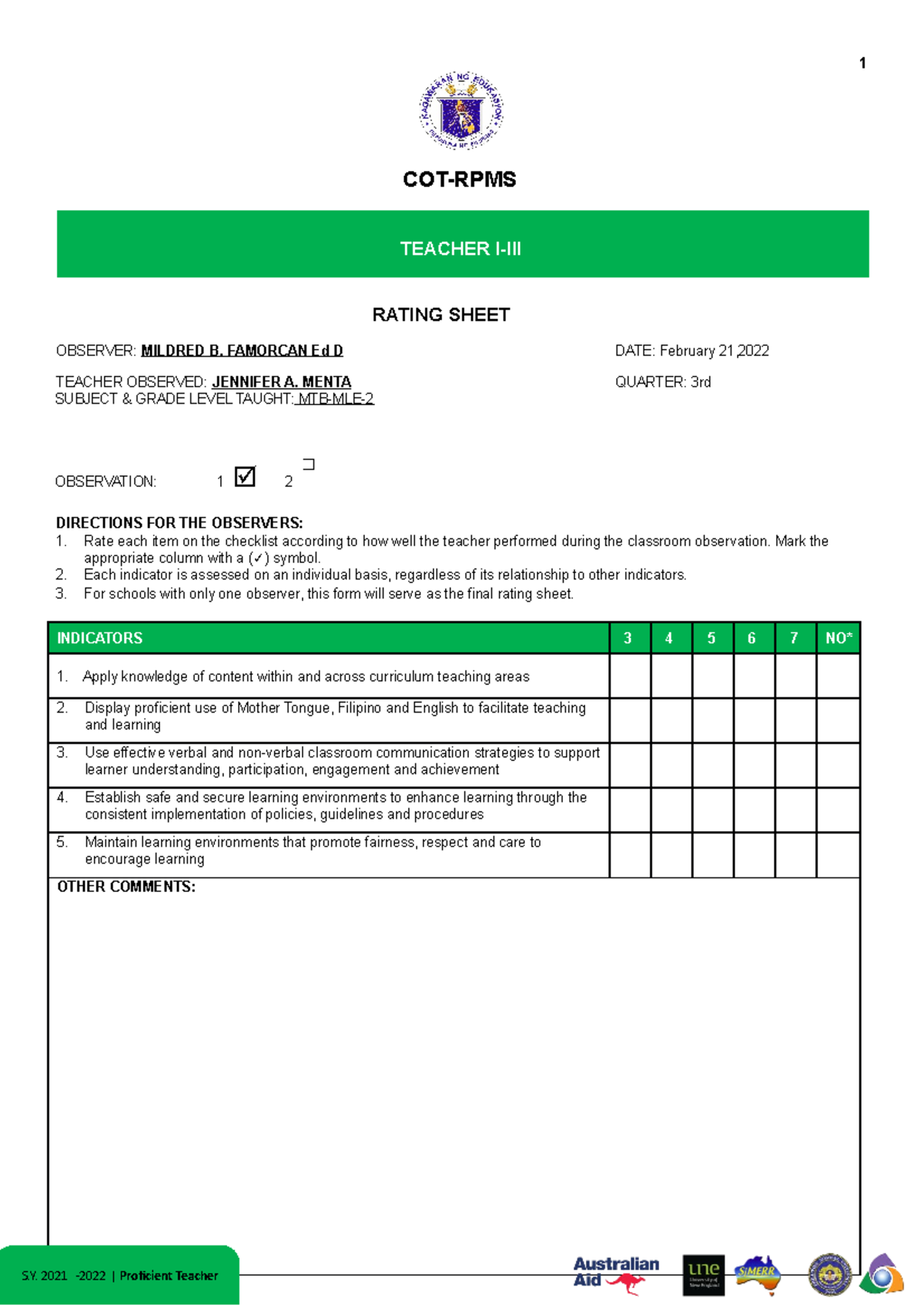 Cot rating sheet cot needd 1 COTRPMS TEACHER IIII RATING SHEET