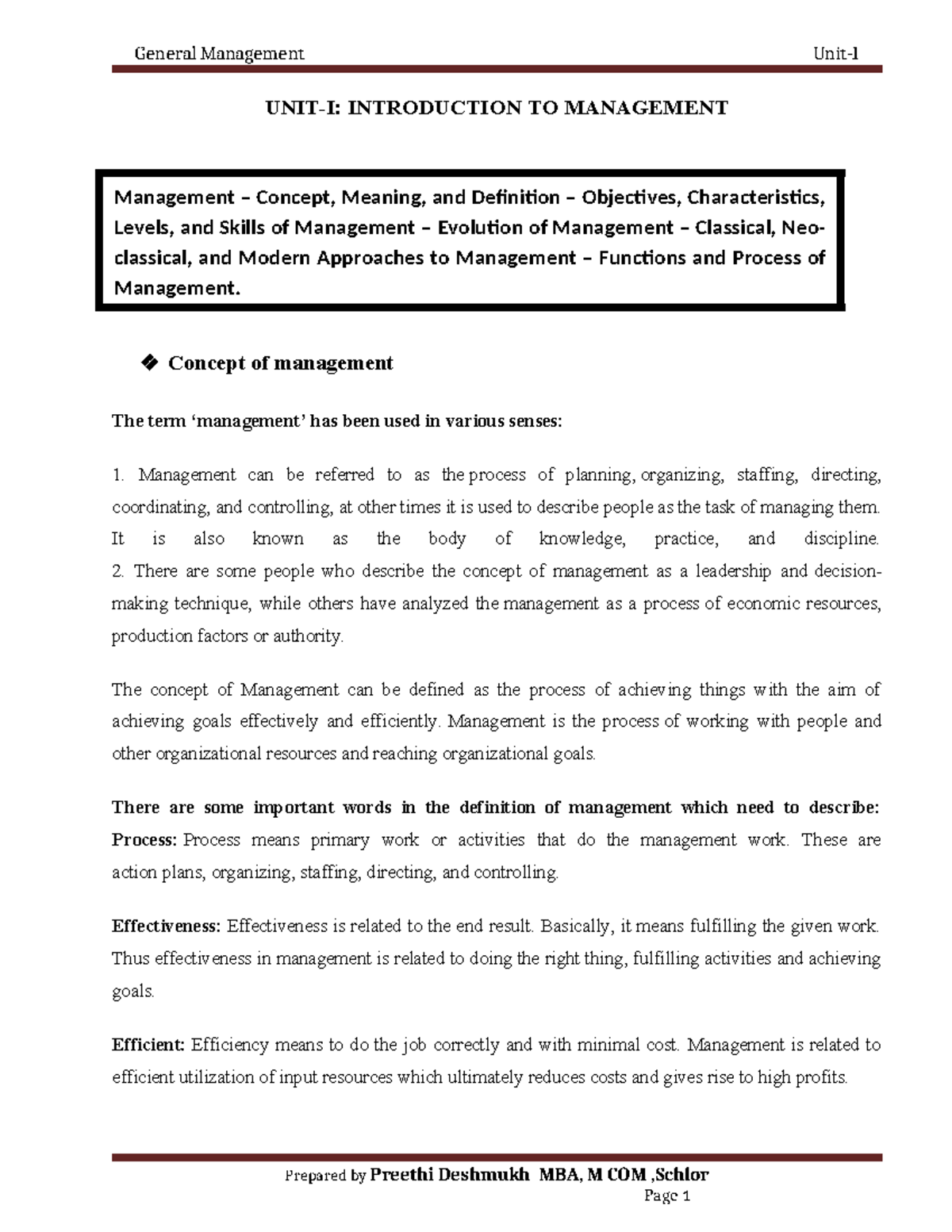 Unit 1 GM - general management - UNIT-I: INTRODUCTION TO MANAGEMENT ...