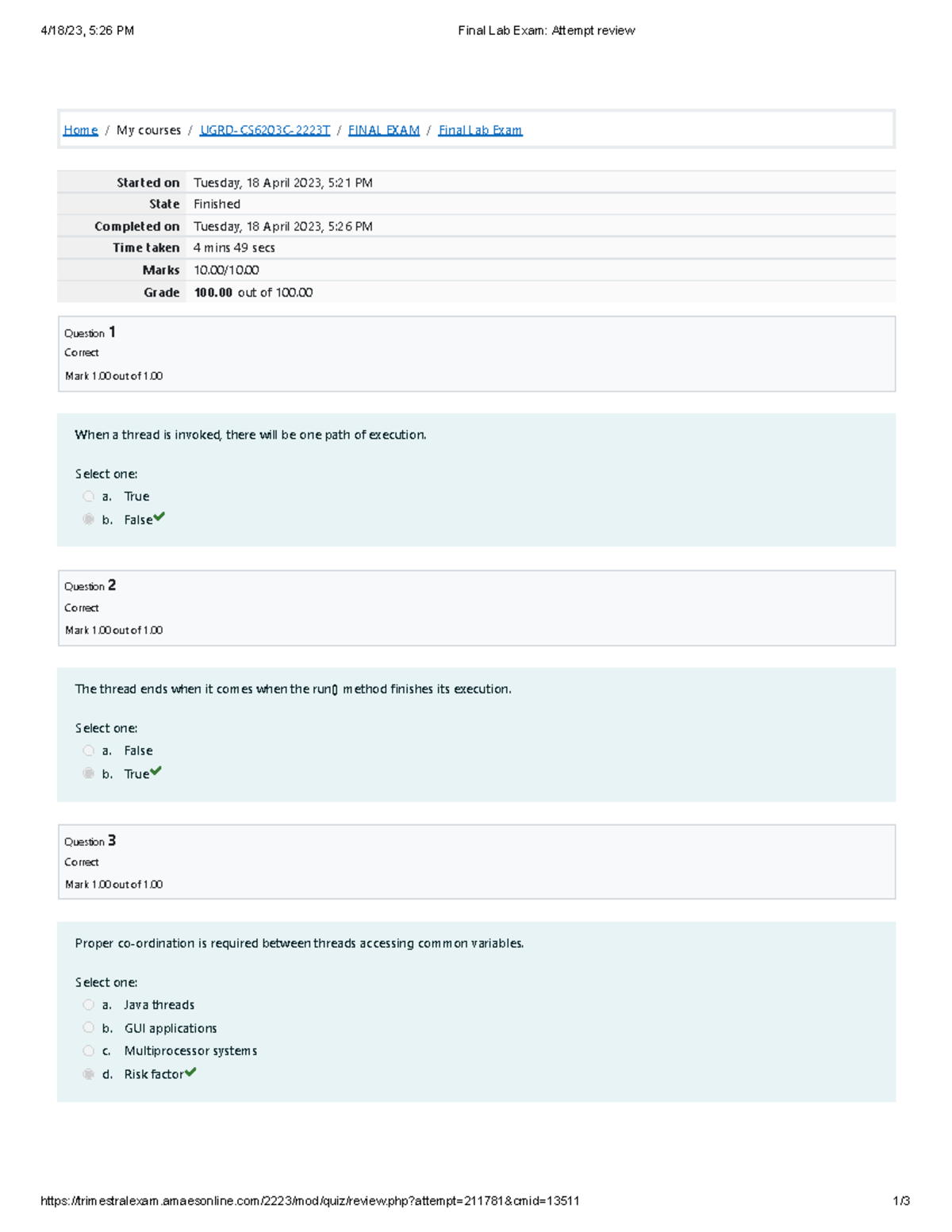 Object Oriented Programming Final Lab Exam Attempt review - 4/18/23, 5 ...