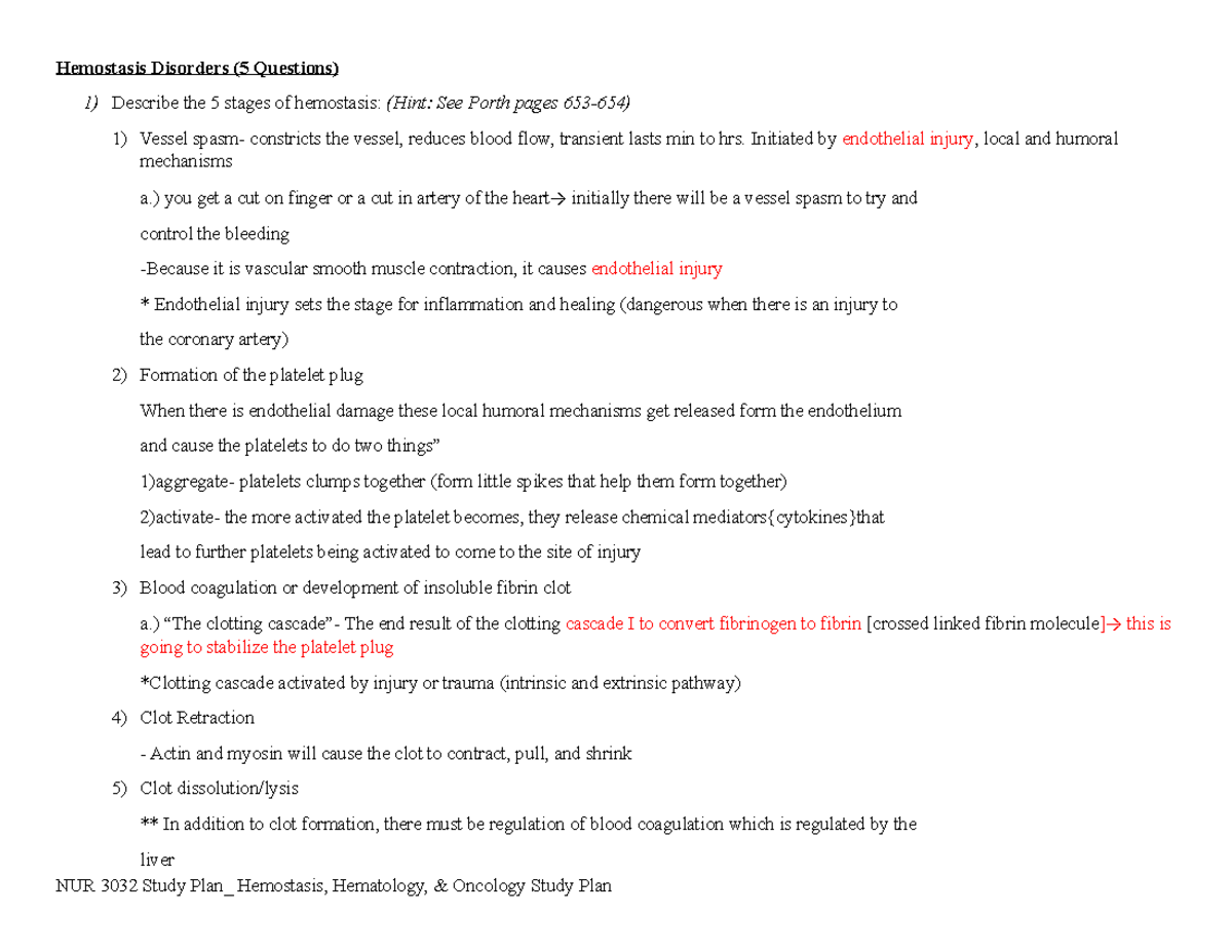 NUR 3032 Hemostasis Hematology and Oncology Study Plan Hemostasis Disorders (5 Questions) 1