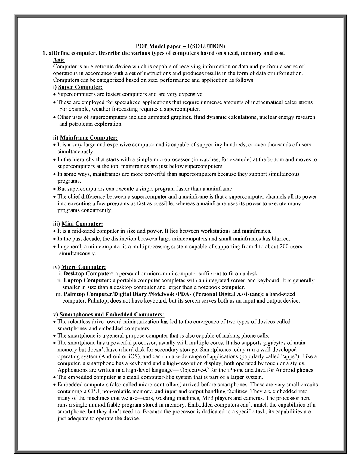 POP set - 1 solution - POP Model paper – 1(SOLUTION) a)Define computer ...