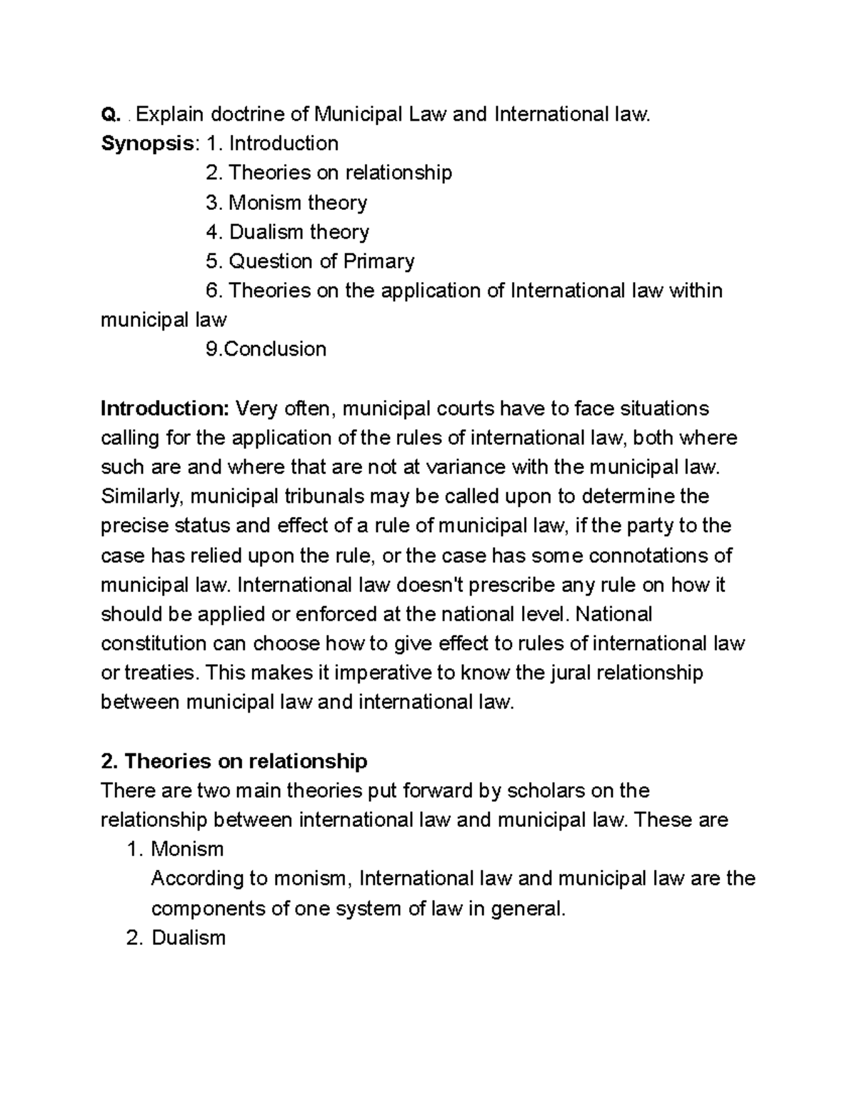 Theories of municipal and international law Q. .Explain doctrine of Municipal Law and Studocu